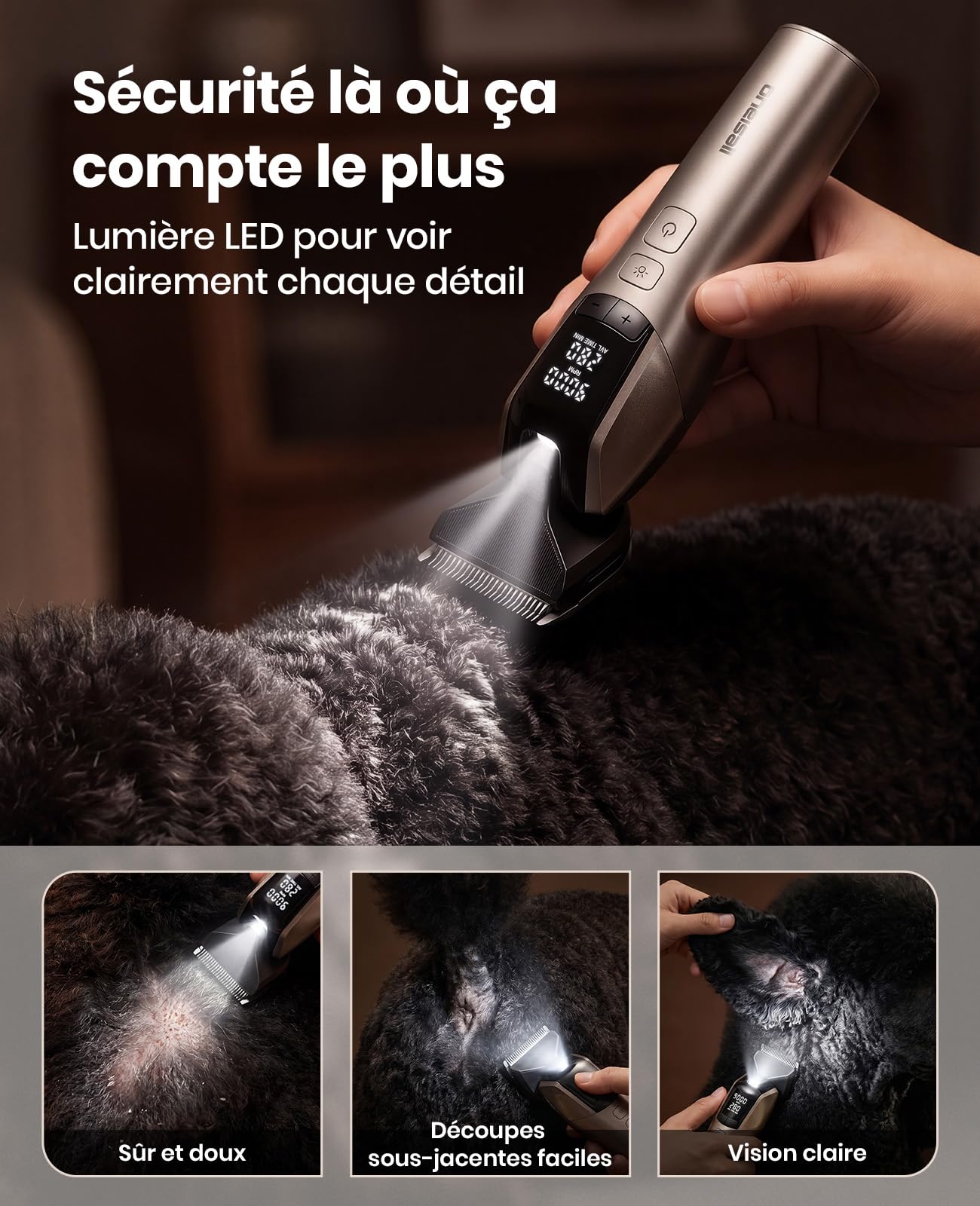 oneisall Tondeuse Chien Professionnelle | 9000 RPM 5 vitesses,DLC lame 5-en-1 , autonomie de 280 min,<50 dB silencieux, 8 peignes guides métalliques