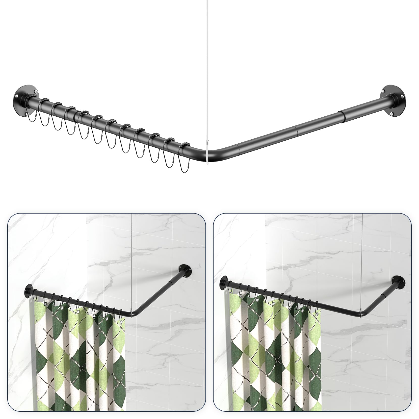 L Shaped Shower Curtain Rods, Adjustable (23''-69'' X 23''-69'') Corner Shower Rod with 12 Shower Curtain Rings, All 304 Stainless Steel, for Bathroom, Bathtub, Clothing Store, Need to Drill, Black