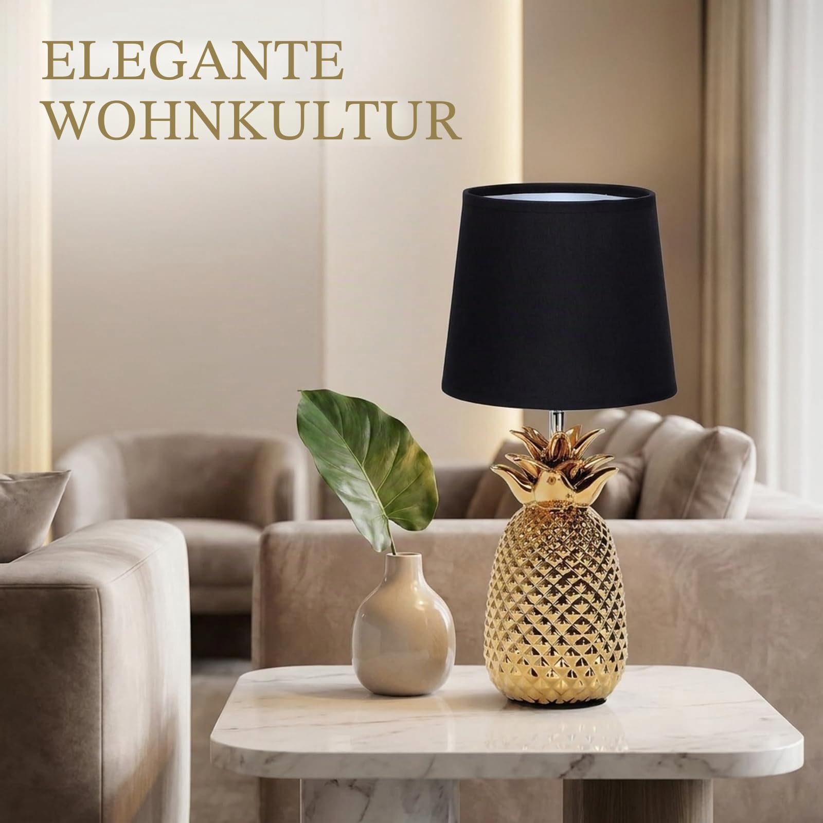 Aigostar Nachttischlampe, Tischlampe Keramik Tischleuchte Lampe für Nachttisch Beistelltisch Dekolampe Nachttischlampe Stoffschirm Gold Modern E14 H36cm