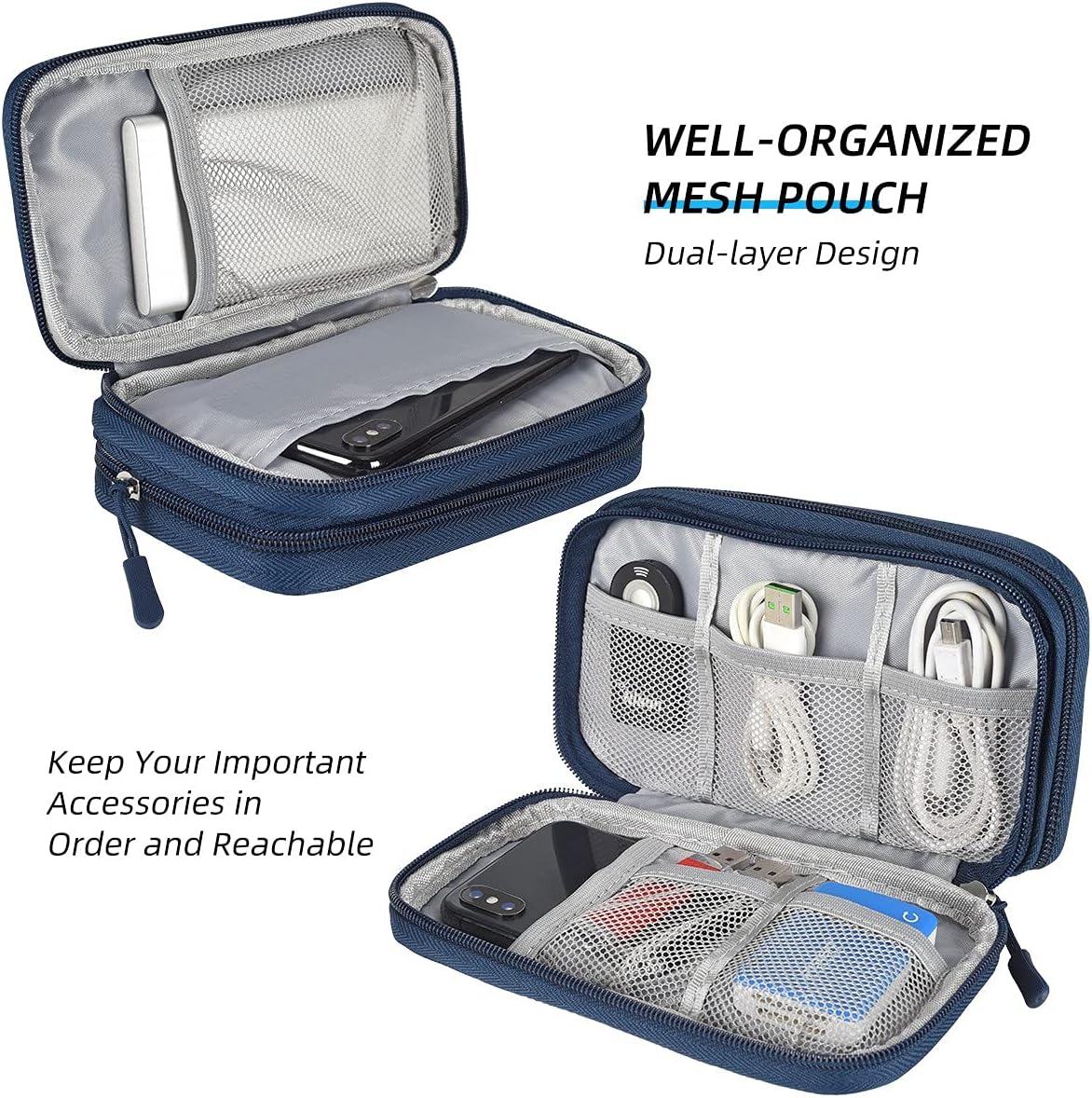 Electronic Organizer Bag, Portable Double-Layers Cable Organizer Case Pouch Electronic Accessories All-in-One Storage Bag for Hard Drive, Cable, Power Adapter, iPhone, Mouse, Cosmetics, Navy Blue : Electronics