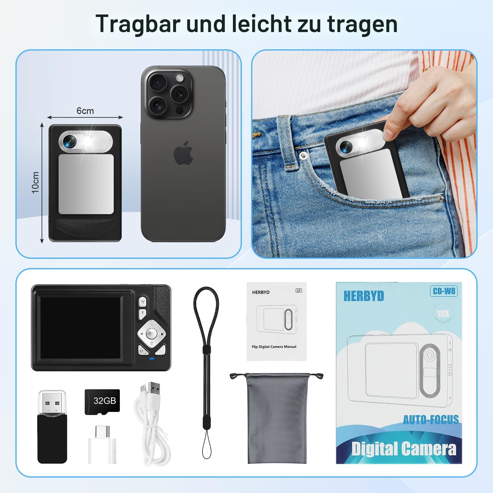 Digitalkamera 4K - 48MP UHD Kompakt Digitalkamera mit 2.8“ LCD Bildschirm und 18X Digitalzoom Anti-Shake Fotografie Vlogging Kamera mit 32gb SD Karte für Kinder Studenten Anfänger Teen (Schwarz)