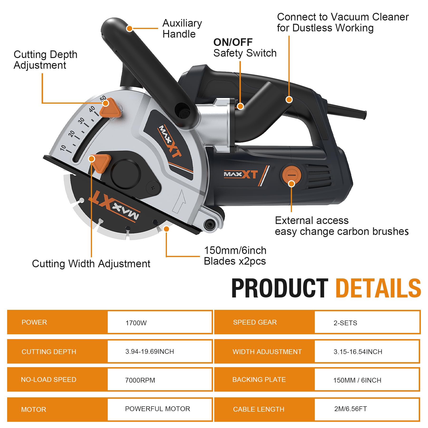 MAXXT Fresadora Eléctrica 1700W, 150mm, Profundidad de Corte 10-50mm, Arranque Suave, Compatible con Aspiradora