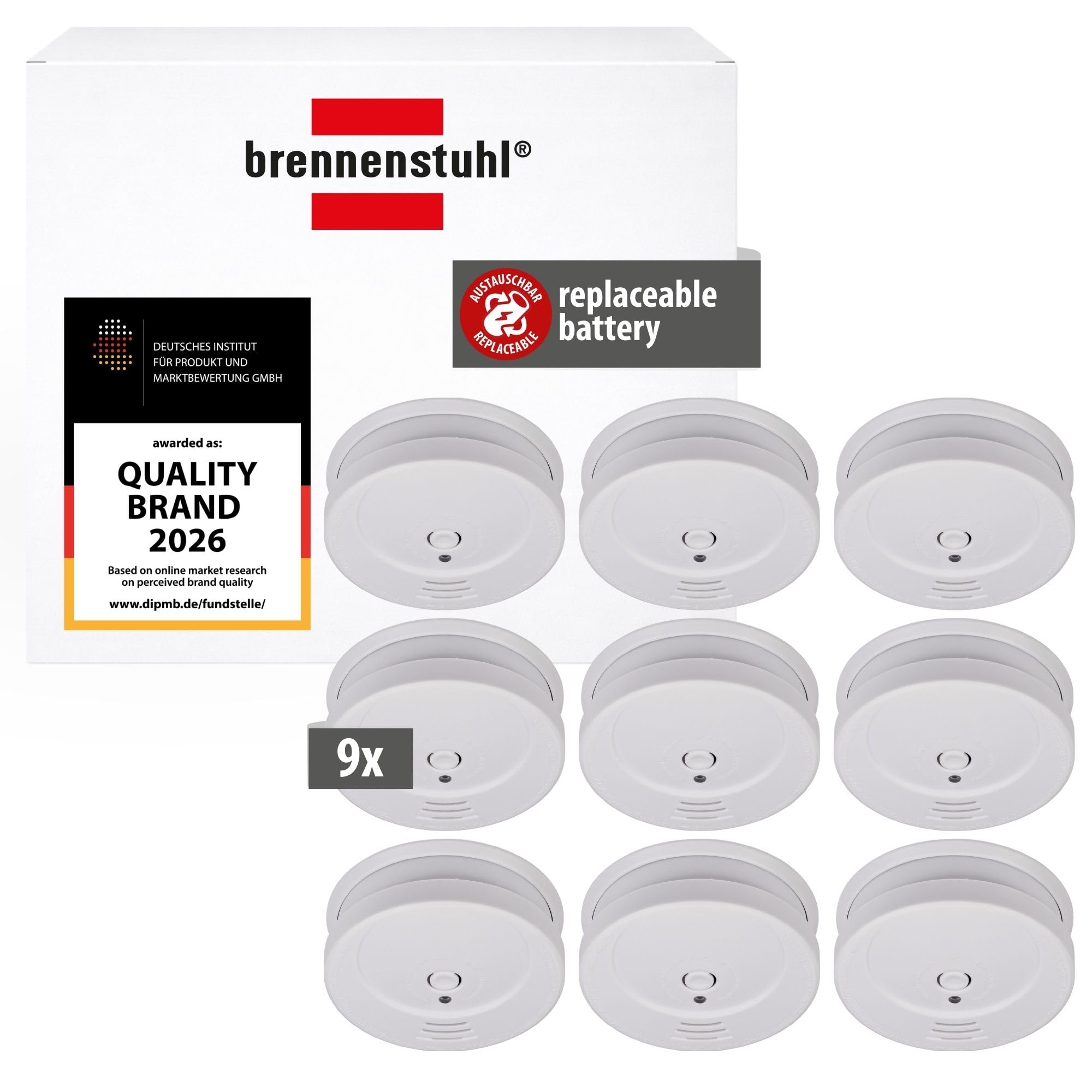 Brennenstuhl White Smoke Detector Set, 9X Rm C 9010 With Replaceable Battery (Tested According To En 14604, Loud Alarm Signal)
