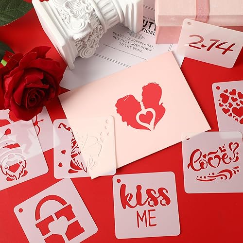 Miniatura 5 de Augshy Plantillas para el día de San Valentín, paquete de 56 plantillas de plástico reutilizables, plantillas de dibujo de San Valentín para pintar