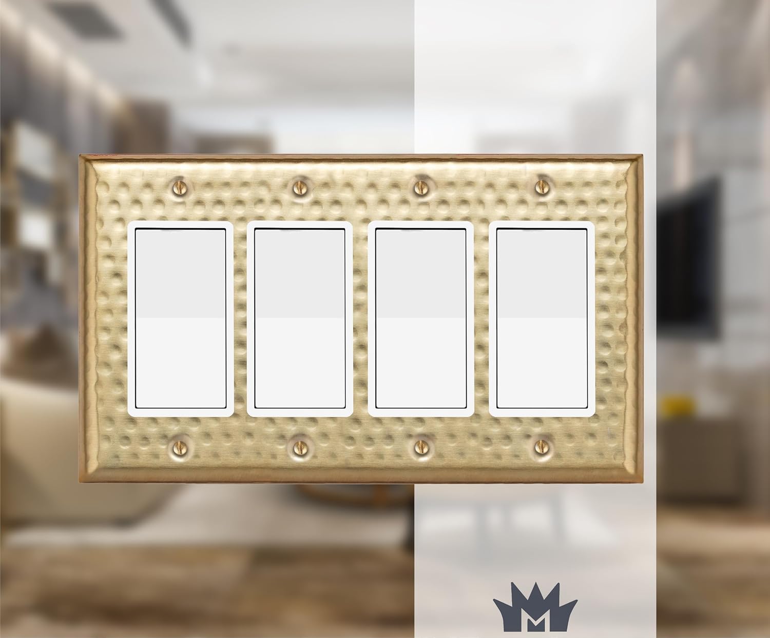 Monarch Abode Rocker Light Switch Cover Plate – 4-Gang Brushed Gold Decorator Wall Plates, Hand Hammered Decorative Outlet Covers Wall Plates for Receptacle, GFCI Electric Outlet Cover, Pack of 1