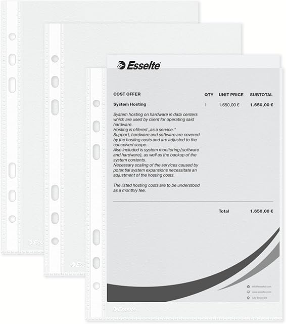 Esselte 23782 Plastic Punched Pocket , Clear Matt Finish, Top Open, 43 Micron Polypropylene, Pack of 100,Transparent,A5