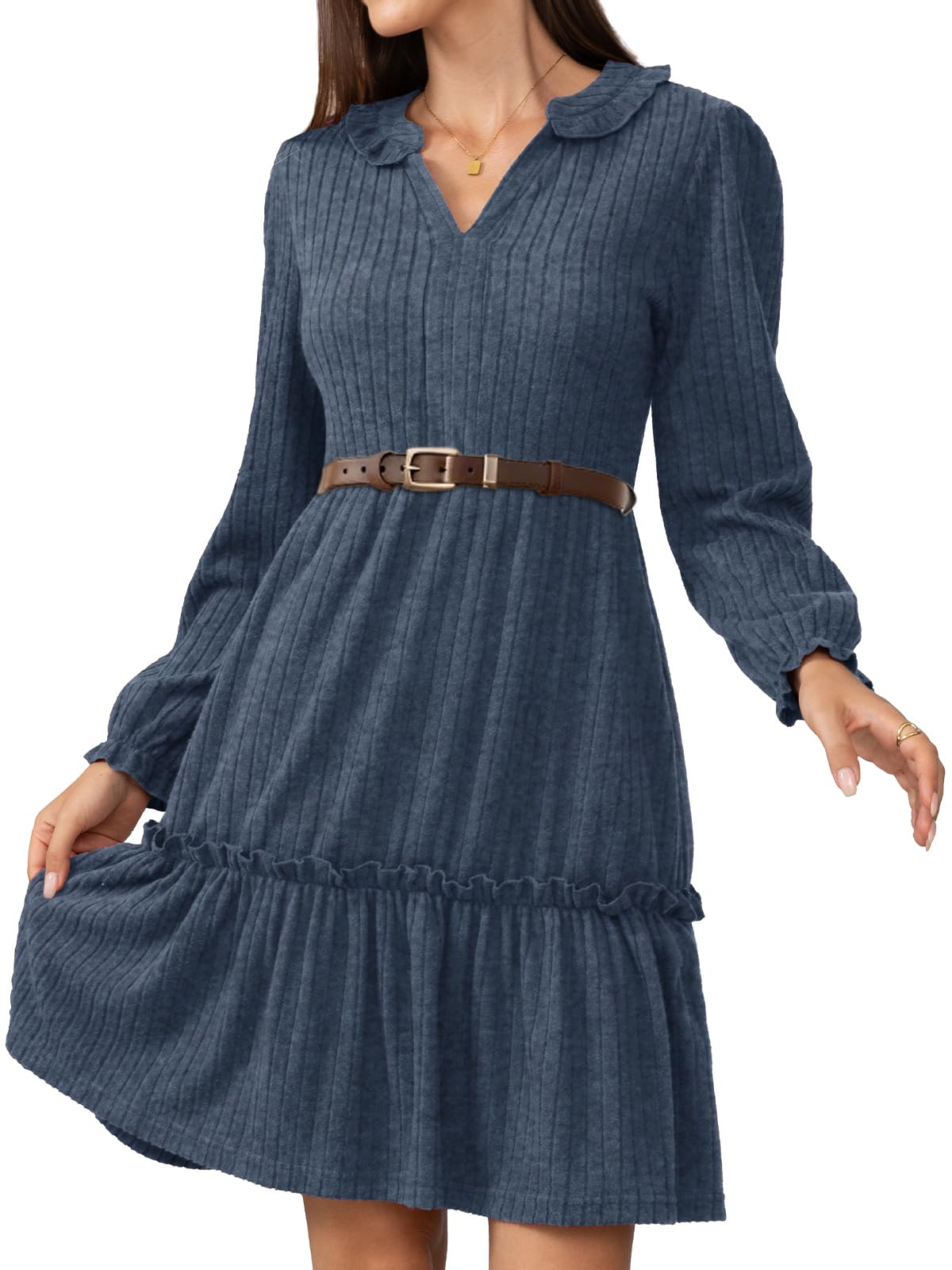 Jayscreate Womens Knit Ruffle Layered Dress Pocket 2025 High-Waisted Spring Fall V Neck Long Sleeve Business Work Dress