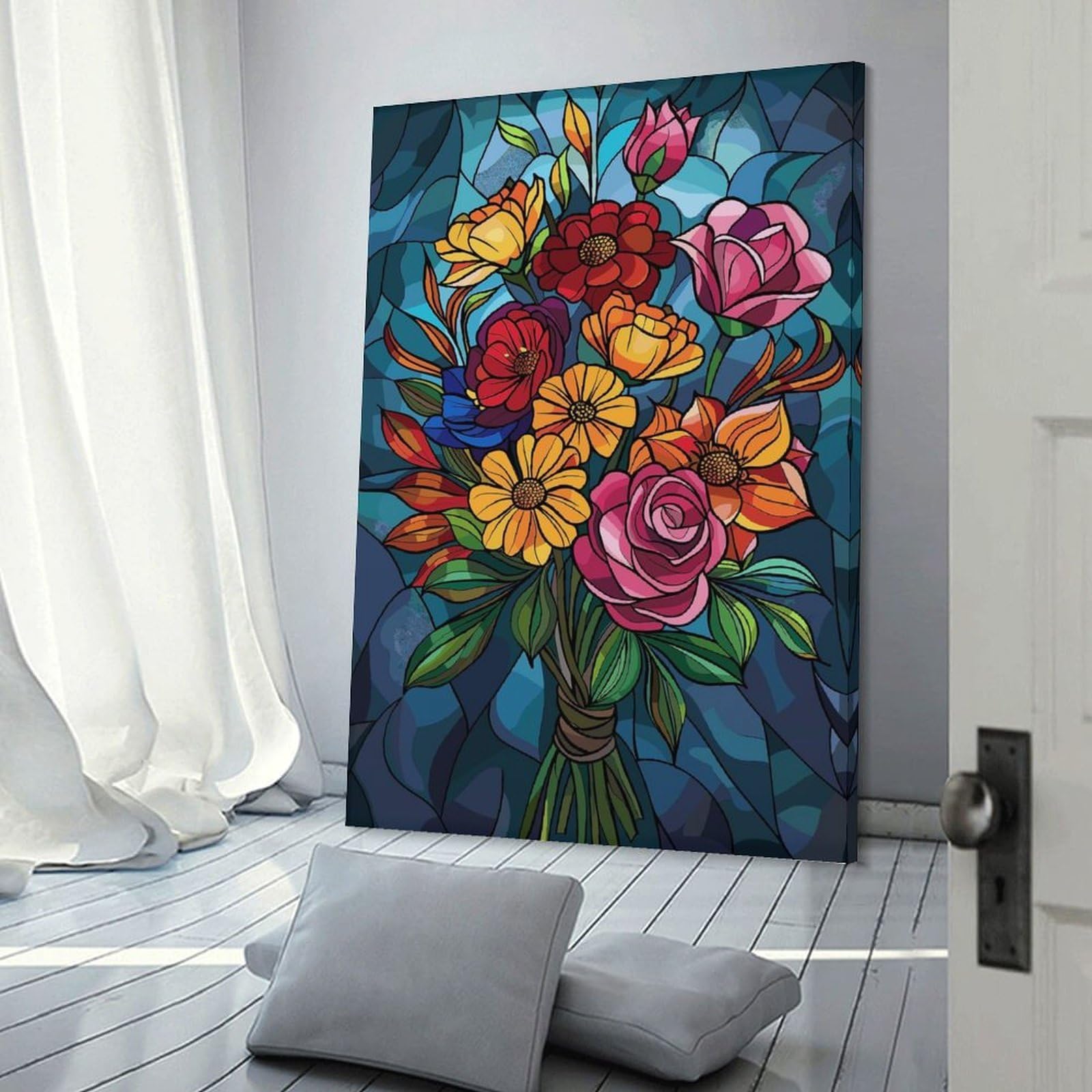 Junmoney Flower Stained Glass Canvas Wall Picture, 24x36inch(60x90cm), for Sofa Walls, Lounge Or Home Corners, Modern Wall Decor for Cosy Interiors