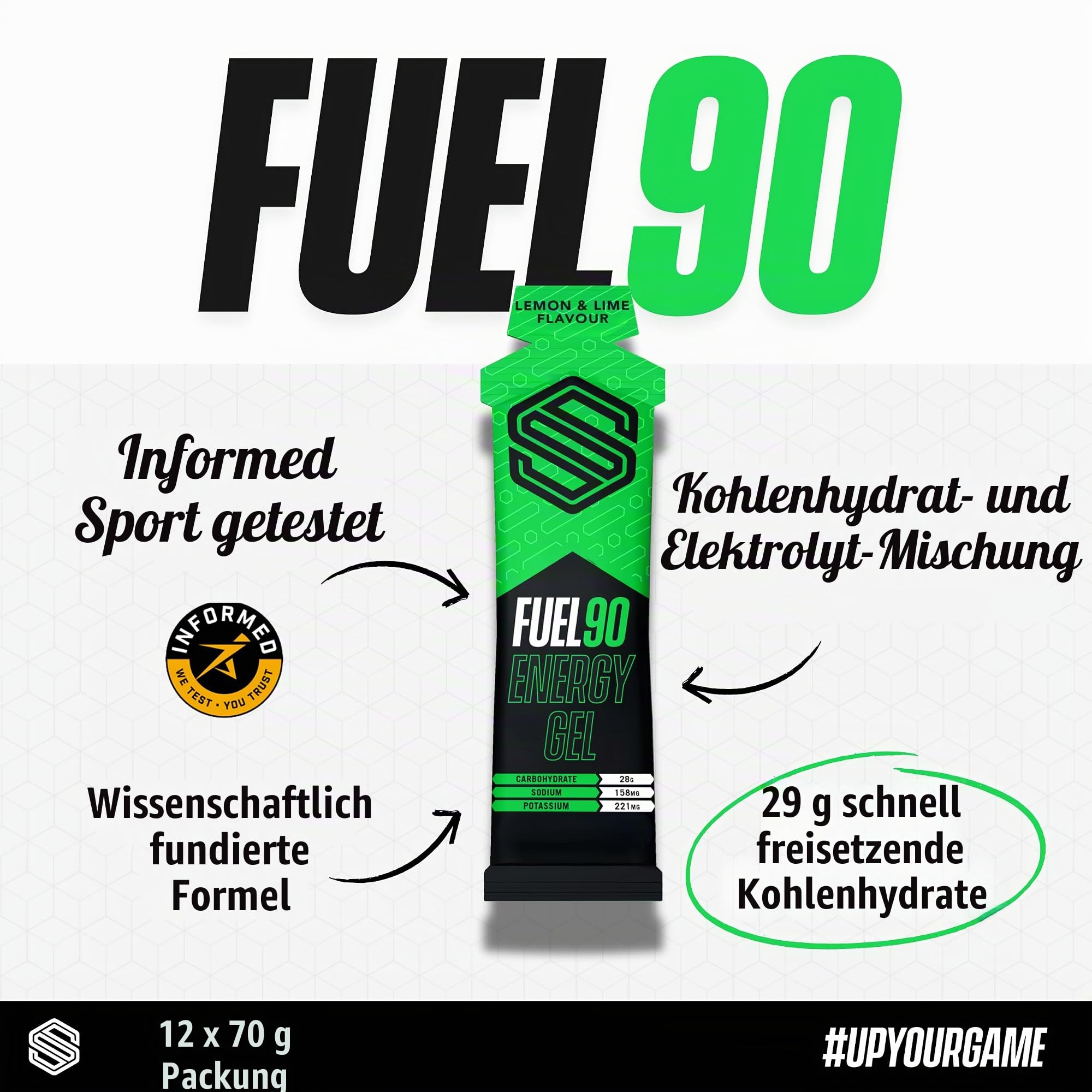 FUEL90 Energy Gel von Soccer Supplement – ​​Schnell freisetzendes Energiegel mit einer doppelten Kohlenhydratquelle für eine schnellere Absorption. Zitrone und Limette - 12x 70 g Gele
