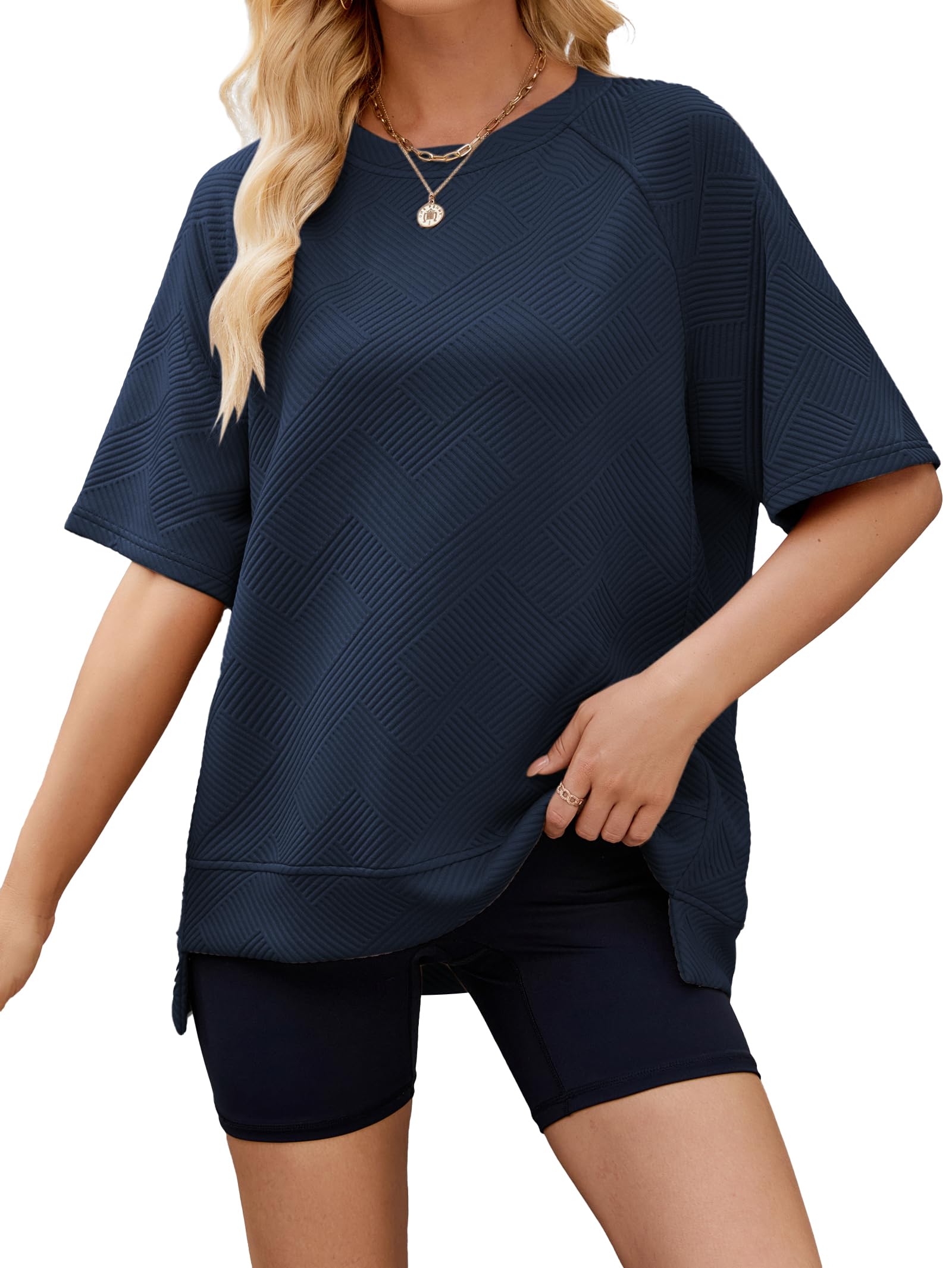 Famulily Womens Crewneck Short Sleeve T Shirt Casual Summer Textured Tee Loose Oversized High Low Blouse