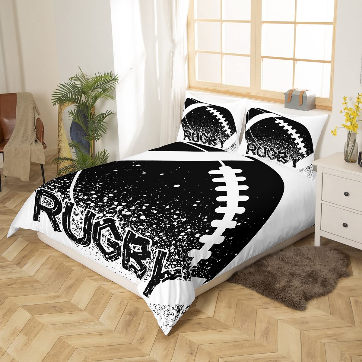 Homewish Rugby Duvet Cover King Size Boys Ball Game Bedding Set Sports Ball Black And White Comforter Cover Football Hobby Activity Bed Set European Sport Competitive Games Room Decor - Image 3