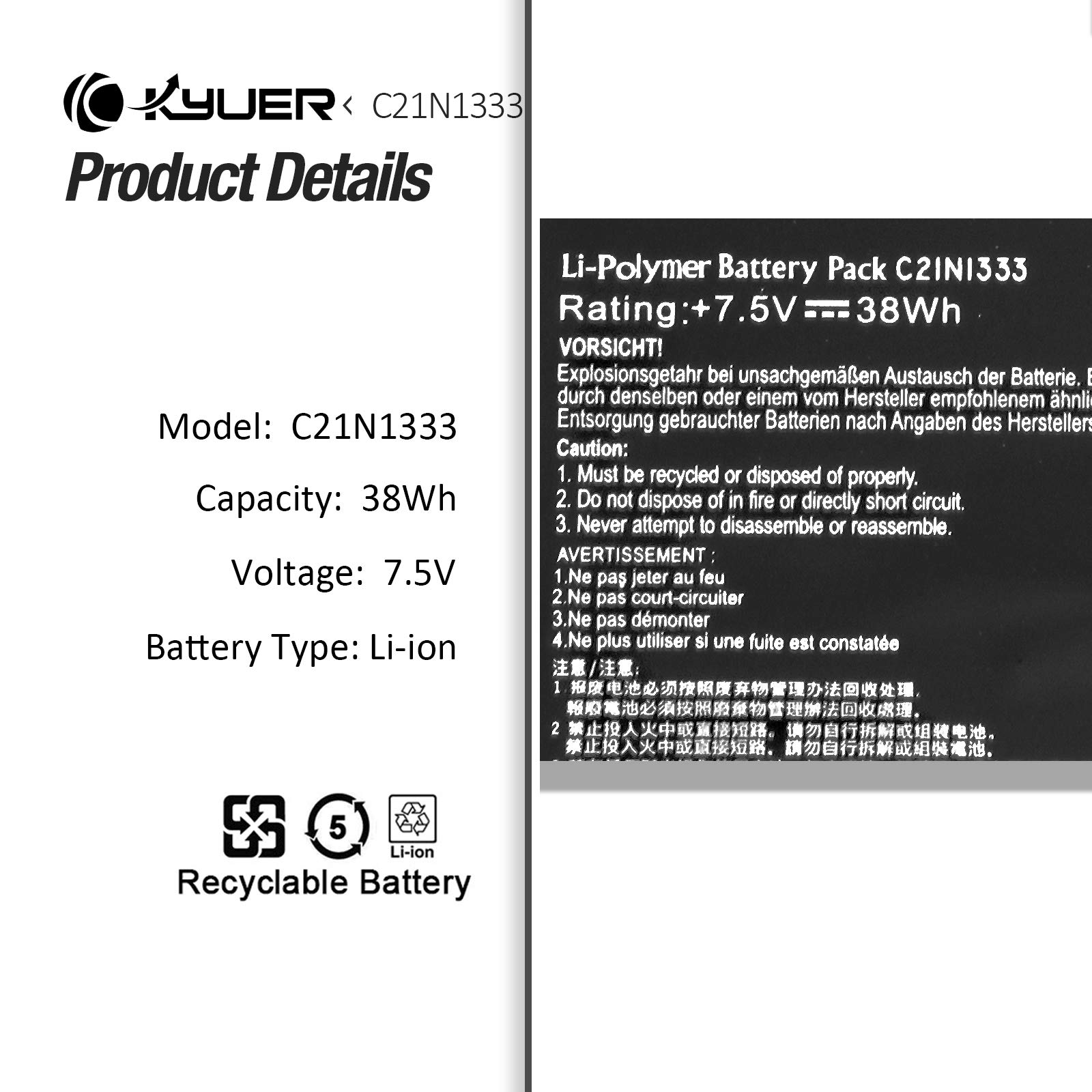 K KYUER 38Wh C21N1333 Laptop Batería para ASUS Transformer Book Flip TP550L TP550LA TP550LAB TP550LD TP550LJ R554L R554LA X454 TP550LA-UH51T CJ004H CJ040H CJ090H TP550LD-CJ078H CJ060H CJ084H C21NI333