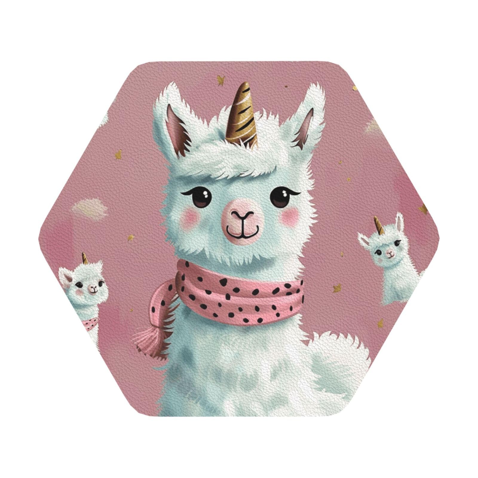Cute Llamas Print Leather Coaster Set of 6, Hexagon Coasters Table Decorative Coffee Cup Beverage Coasters Wine Beer Bar Coasters for Hot Drinks Table Protection