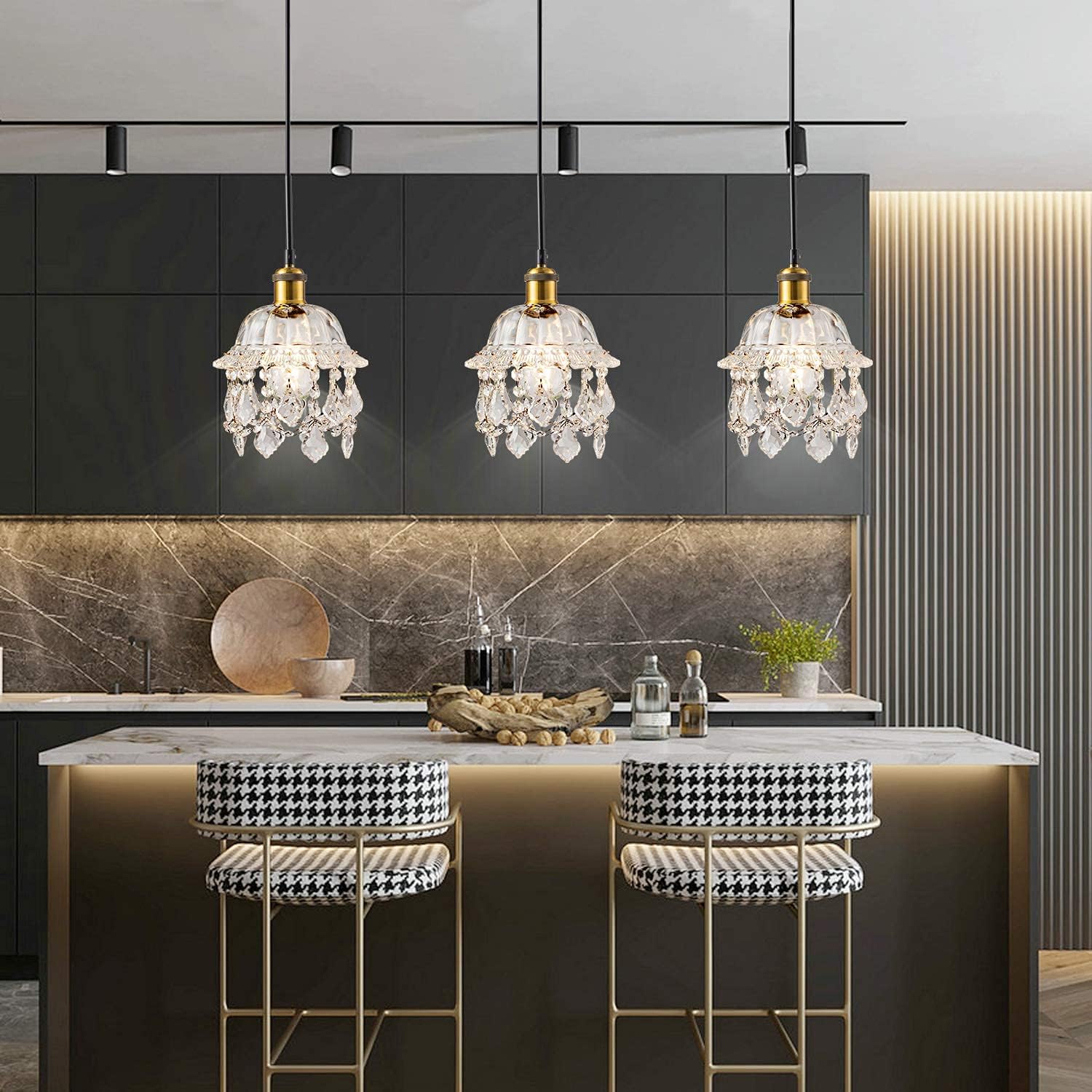Vintage Plug in Pendant Light Crystal Hanging Lights with 15Ft Black Plug in Cord & On/Off Dimmer Switch， Mini Chandelier for Kitchen Island Dining Room Bedroom