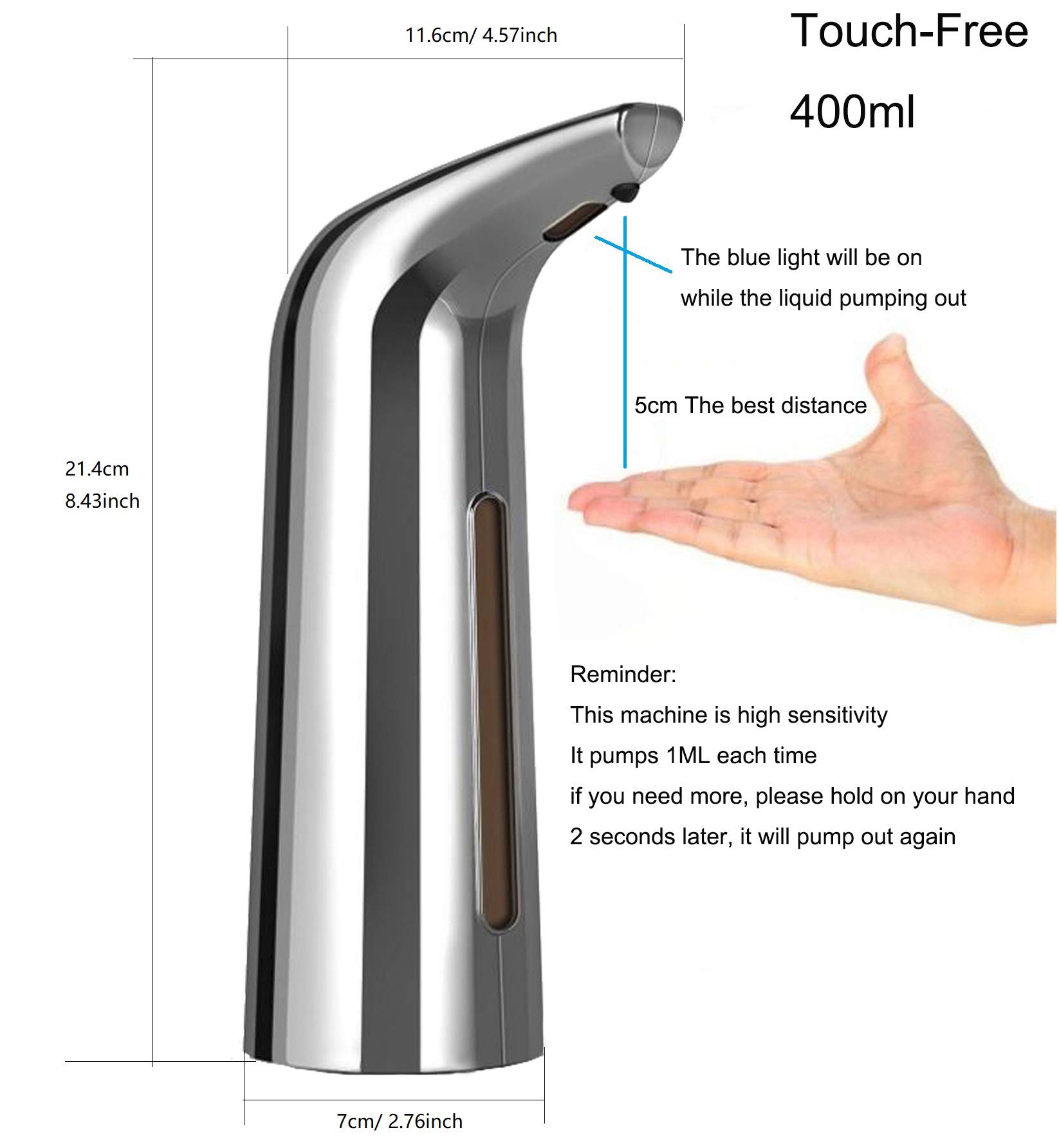 Distributeur automatique de savon, 4 niveaux réglables, pour cuisine et salle de bain, sans contact avec capteur de mouvement infrarouge, étanche, 400 ml/14 oz Argent