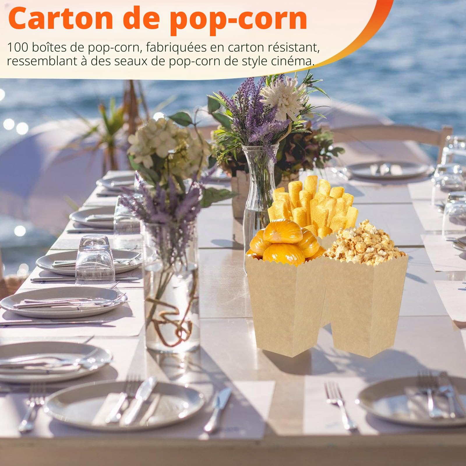 GOMETY Lot de 100 sacs à pop-corn en papier avec design ondulé, entrée ouverte, qualité alimentaire, marron, jetables, 9,9 x 6,3 x 13,6 cm, pour fêtes, pique-niques, soirées cinéma, cadeaux de mariage