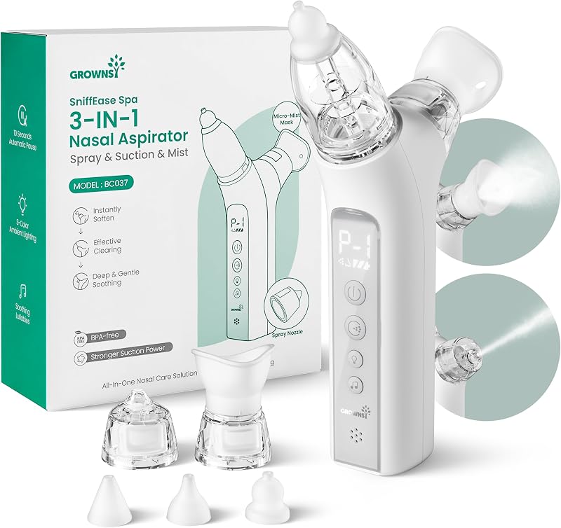 Aspirador nasal para bebés GROWNSY SniffEase 3 en 1: aerosol, succión y niebla, gris | La succión nasal de grado hospitalario se aclara rápidamente, luz y música relajantes, la cámara grande reduce el vaciado frecuente y es fácil de limpiar
