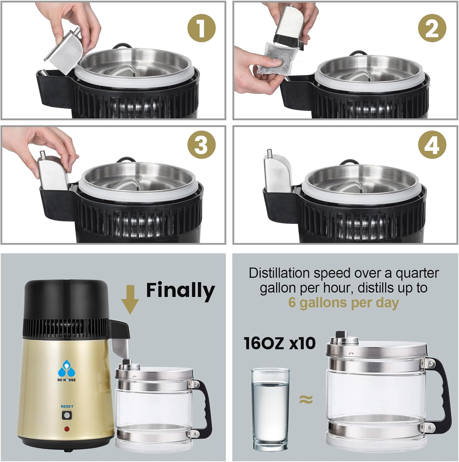 Four-step visual guide for setting up the distiller, showing how to insert the carbon filter and position the collection container.