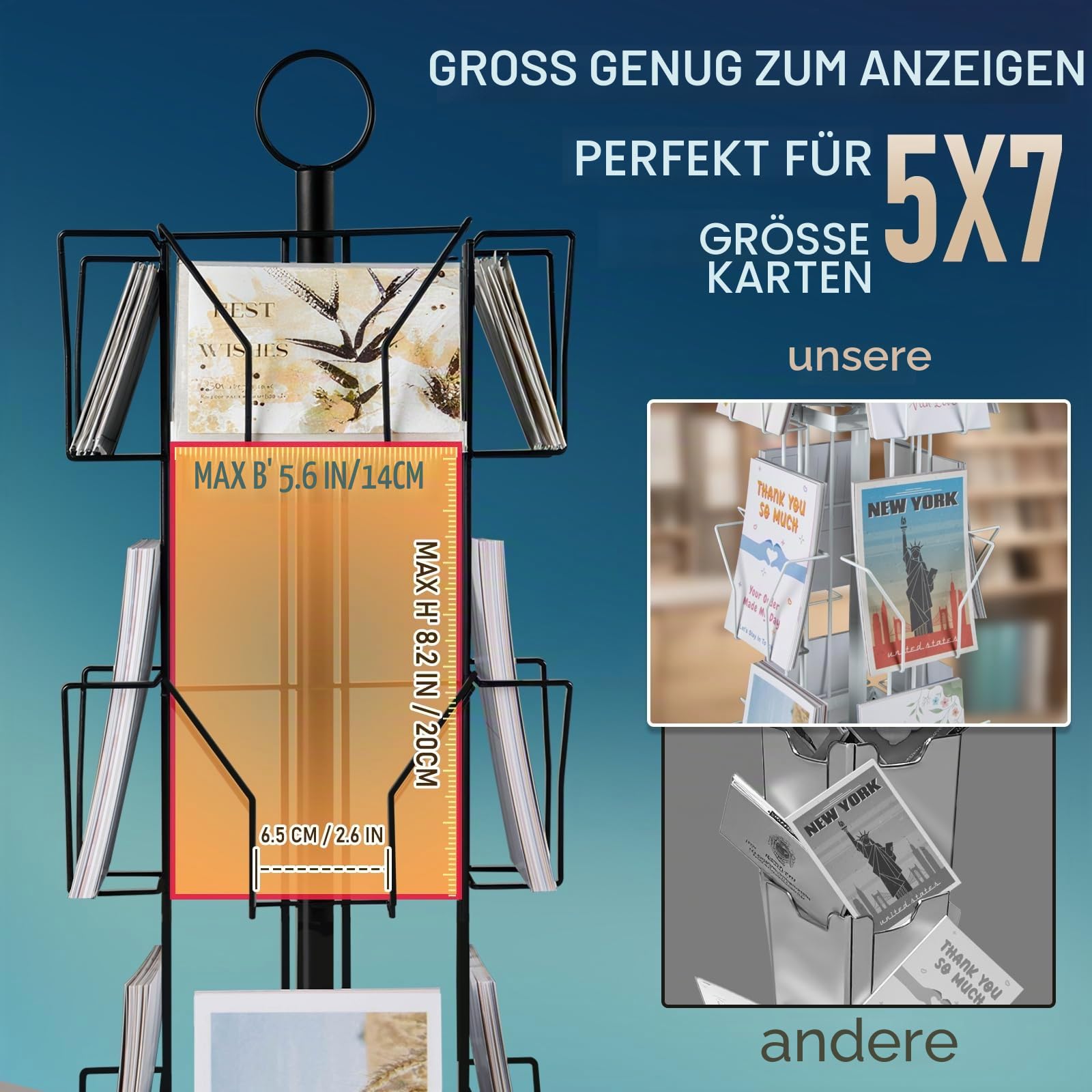 ANBOXIT Postkartenständer, Postkartenhalter Drehbarer Ständer für Grußkarten, für Postkarten, Aufkleber, Feiertags-Geschenkkarten im Einzelhandel Schwarz, 24 Fächer
