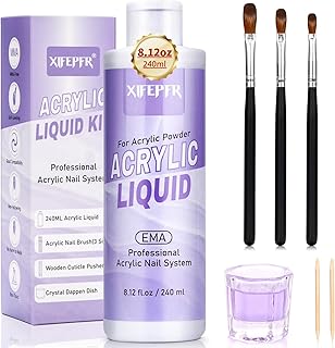 Monomer Acrylic Nail Liquid 8.12fl.oz with 3 Size Acrylic Brushes for Acrylic Powder, MMA-Free Non-Yellowing EMA Monomer Liquid for Acrylic Nail Extension & Carving, DIY Home & Nail Salon Use