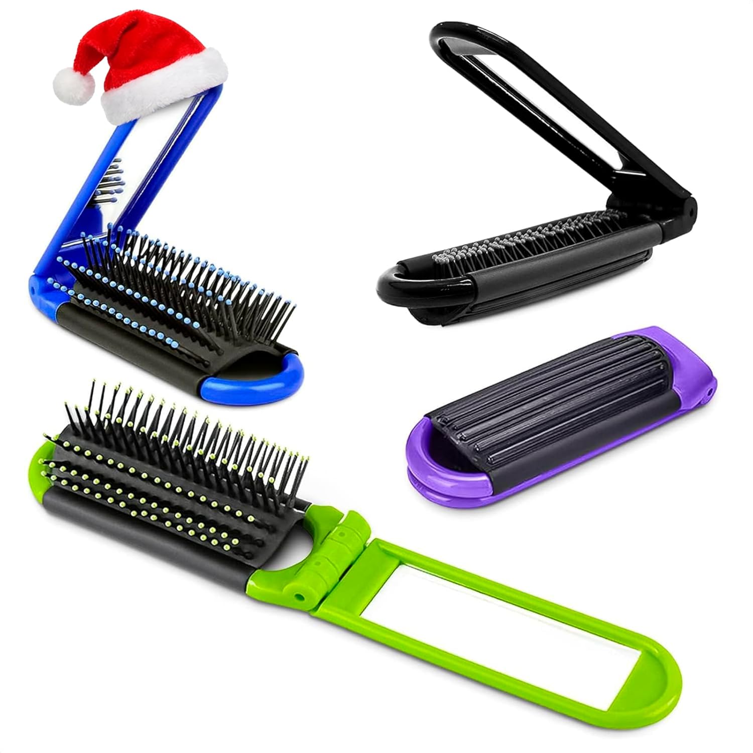 4 Pcs Travel Hair Brush – 4.25×1.49″ Folding Hair Brush with Mirror and Flexible Nylon Bristles, Lightweight Travel Comb for Women – 4 Colors Pack, Foldable Hairbrush for Styling on the Go