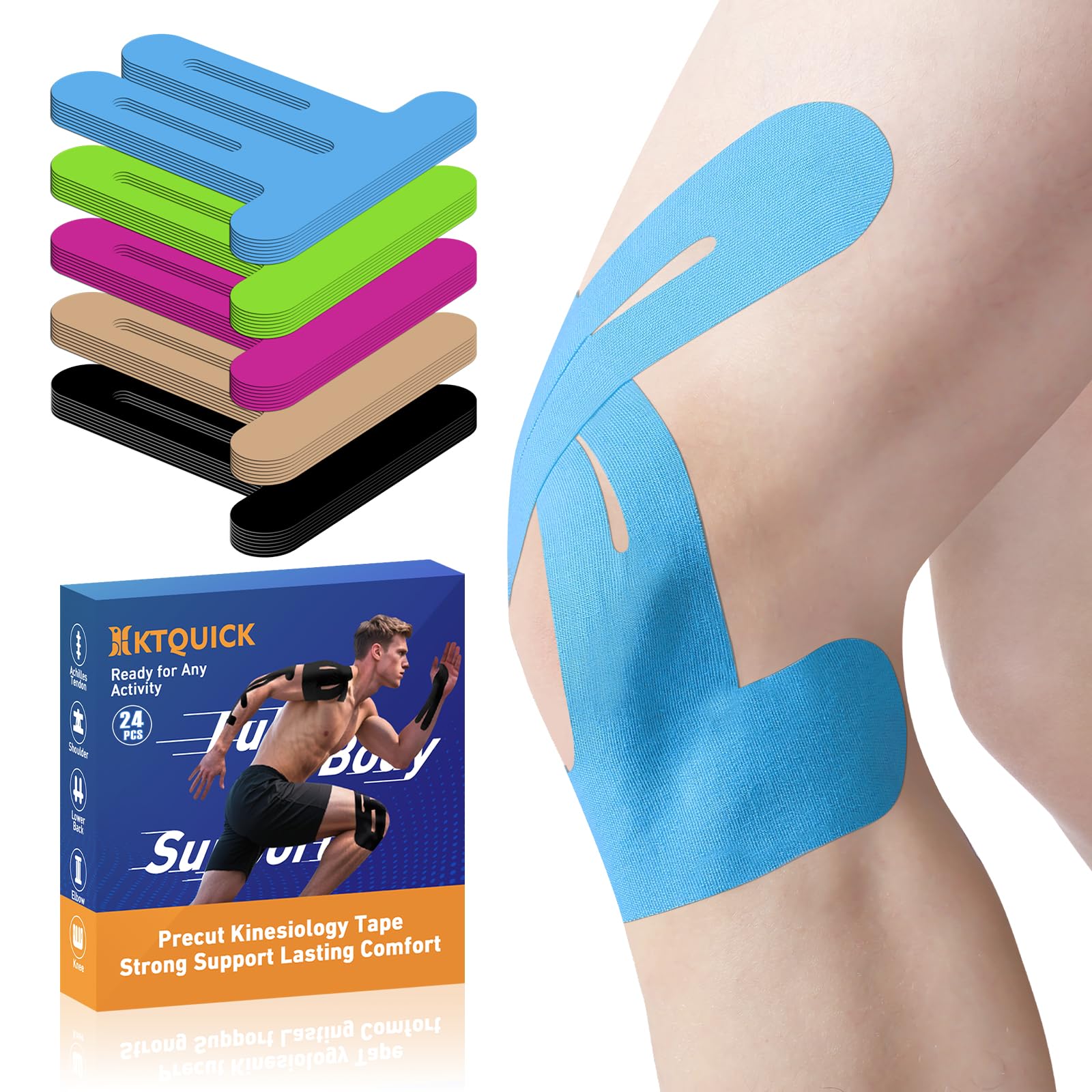 PreCut Kinesiology Tape for Knees 24PCS Waterproof KTQUICK Knee Tape for Knee Pain Relief Pre Cut Original Cotton