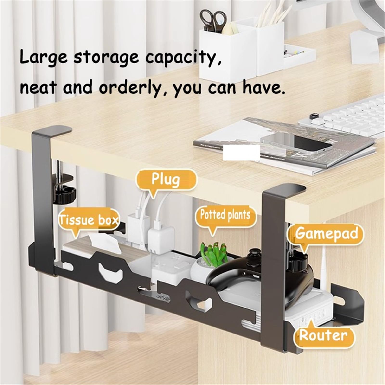 Vassoio Portacavi Scrivania Nessuna perforazione estensibile sotto la scrivania Gestione dei cavi Vassoio porta in ​​metallo con morsetto Portacavo retrattile for ciabatta(Double retractable)