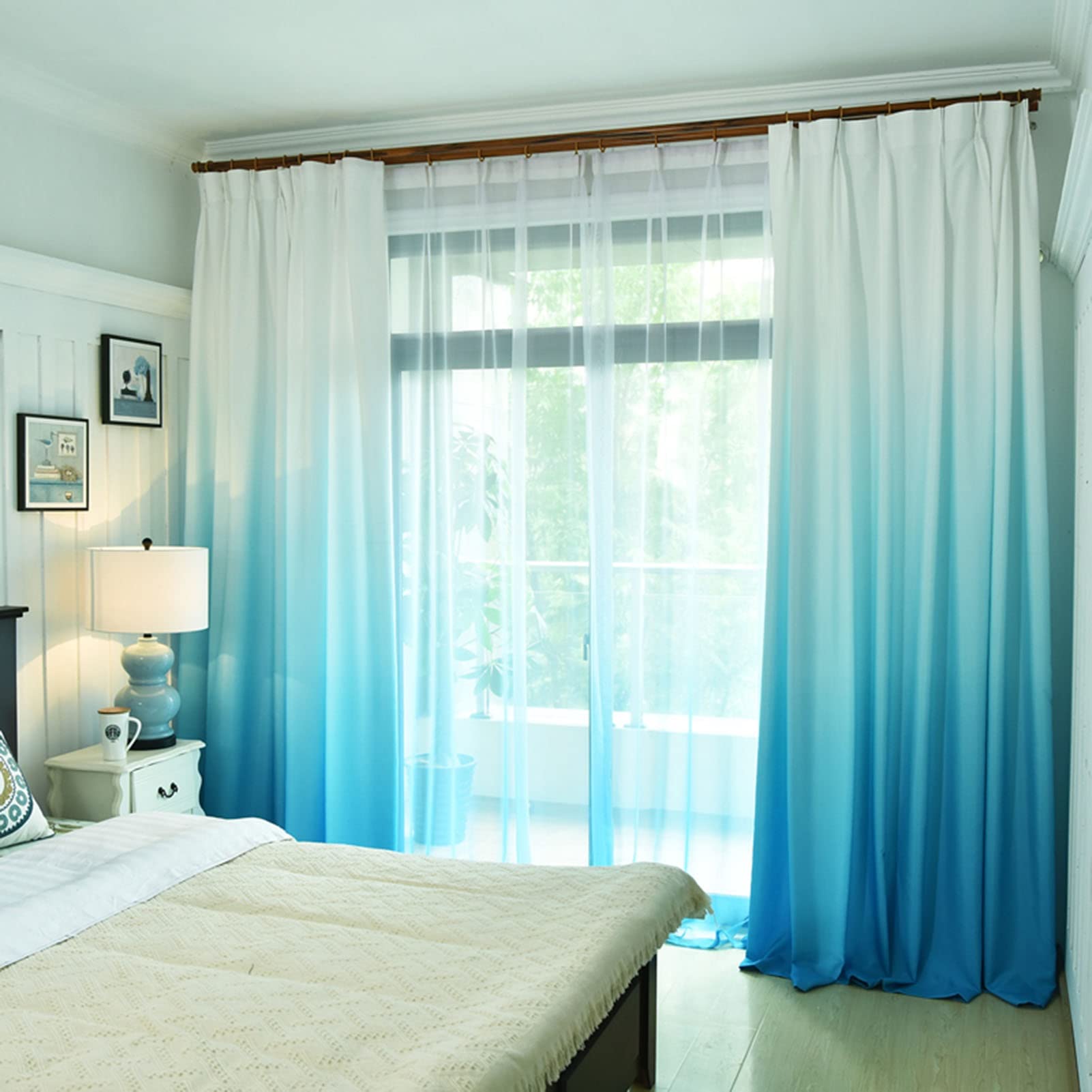 Panneau coulissant en lin bleu ombré anti-vis-à-vis salon