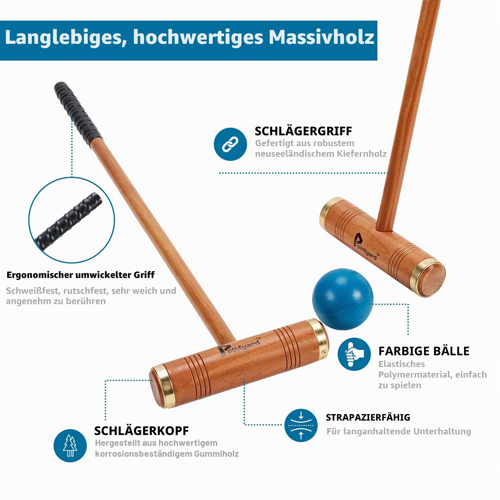 Krocket-Set für 6 Spieler, Deluxe-Krocket-Set mit Holzschlägeln, farbigen Kugeln, Wickets, Heringen Erwachsene/Jugendliche/Familie, perfekt Rasen/Hinterhofspiel/Park (inkl. Tragetasche)
