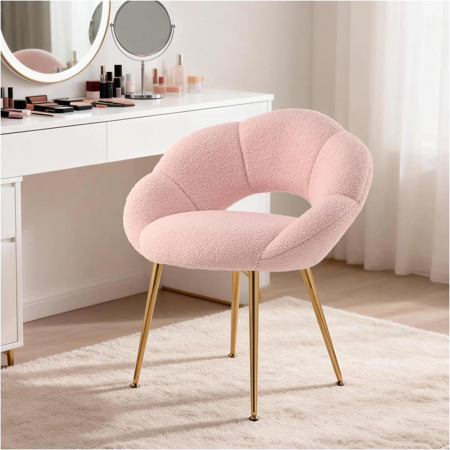Petal Makeup Vanity Chair with Back,Modern Dining Chair,Upholstered Desk Chair for Girls with Gold Metal Legs for Home Office,Bedroom, (Pink)