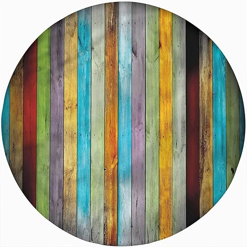 Mantel decorativo redondo y elástico, colorido de poliéster ajustable con bordes elásticos, mantel de tela con estampado de tablones de madera
