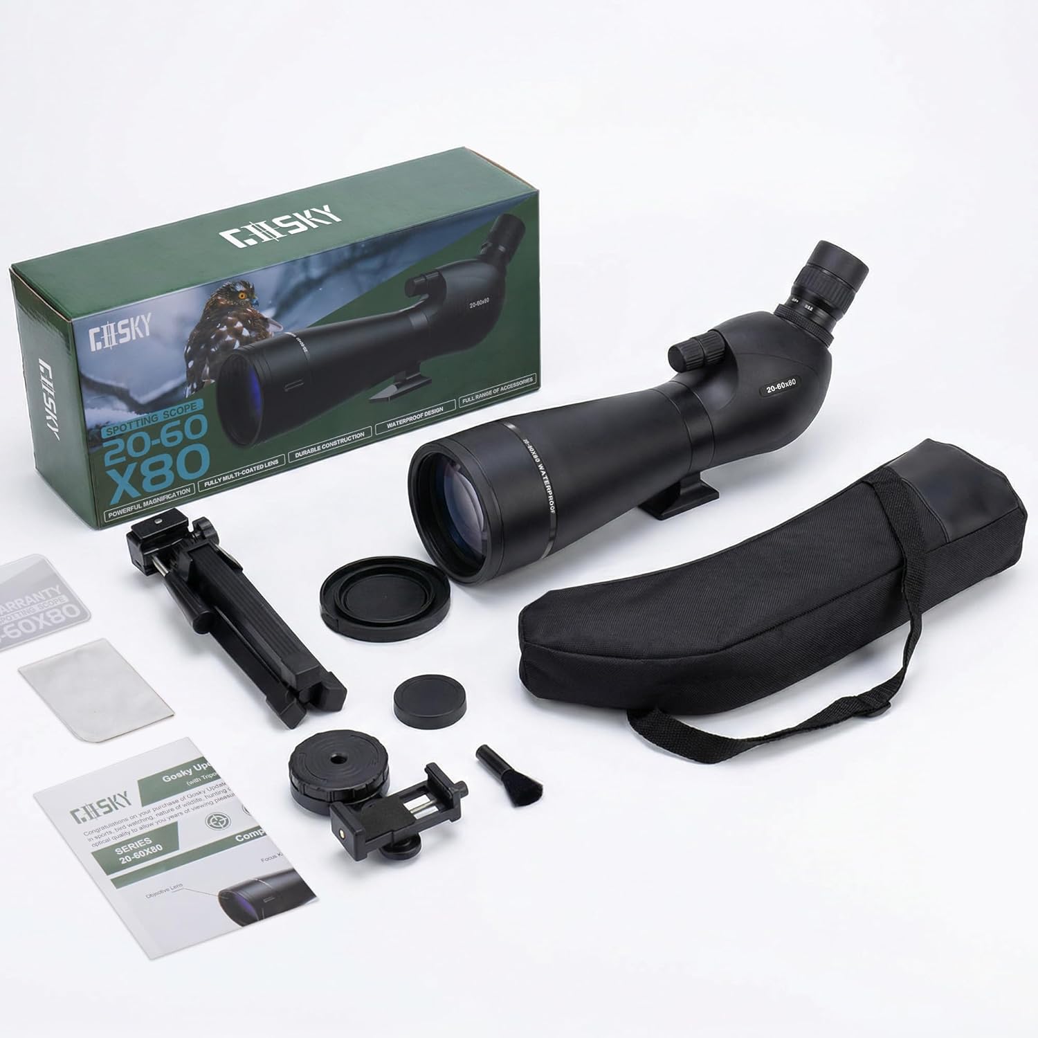 Gosky 20-60x80mm Spotting Scope with Phone Adapter & Tripod - BAK4 Prism Spotter Scope for Bird Watching Wildlife Observing Hiking, Portable with Carrying Bag and Cleaning Kits