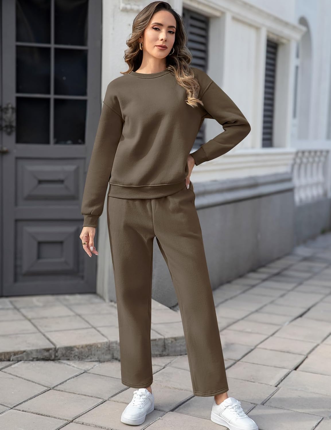 COZYPOIN Womens Fleece 2 Piece Outfits Sweatsuit Crewneck Pullover Sweatshirt Wide Leg Joggers Pants Tracksuit Lounge Set - Image 2