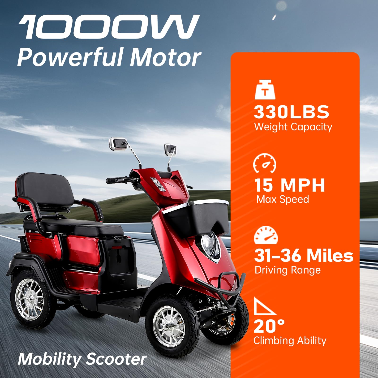 All-Terrain 4-Wheel Electric Powered Mobility Scooter for Seniors & Adults Heavy Duty Mobile Scooters with Convertible 2-Seat, 3-Speed Mode, 1000W Motor, 330lbs Capacity (Red)