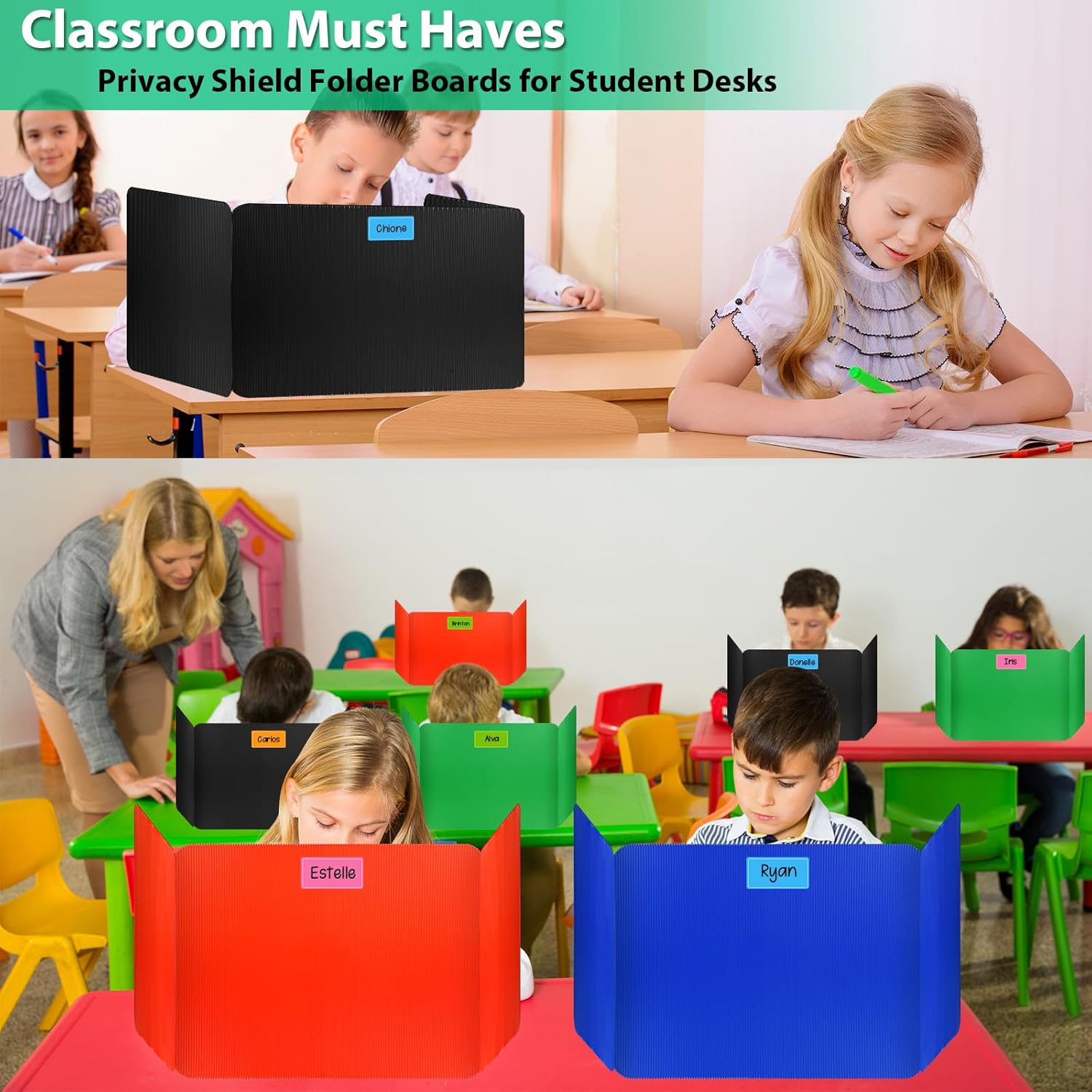 24 Pack Desk Dividers for Students with 40 Labels, Foldable Waterproof Classroom Privacy Shields Desk Privacy Panel, Plastic Folder Desk Divider for Testing Offices Classroom Teachers Supplies