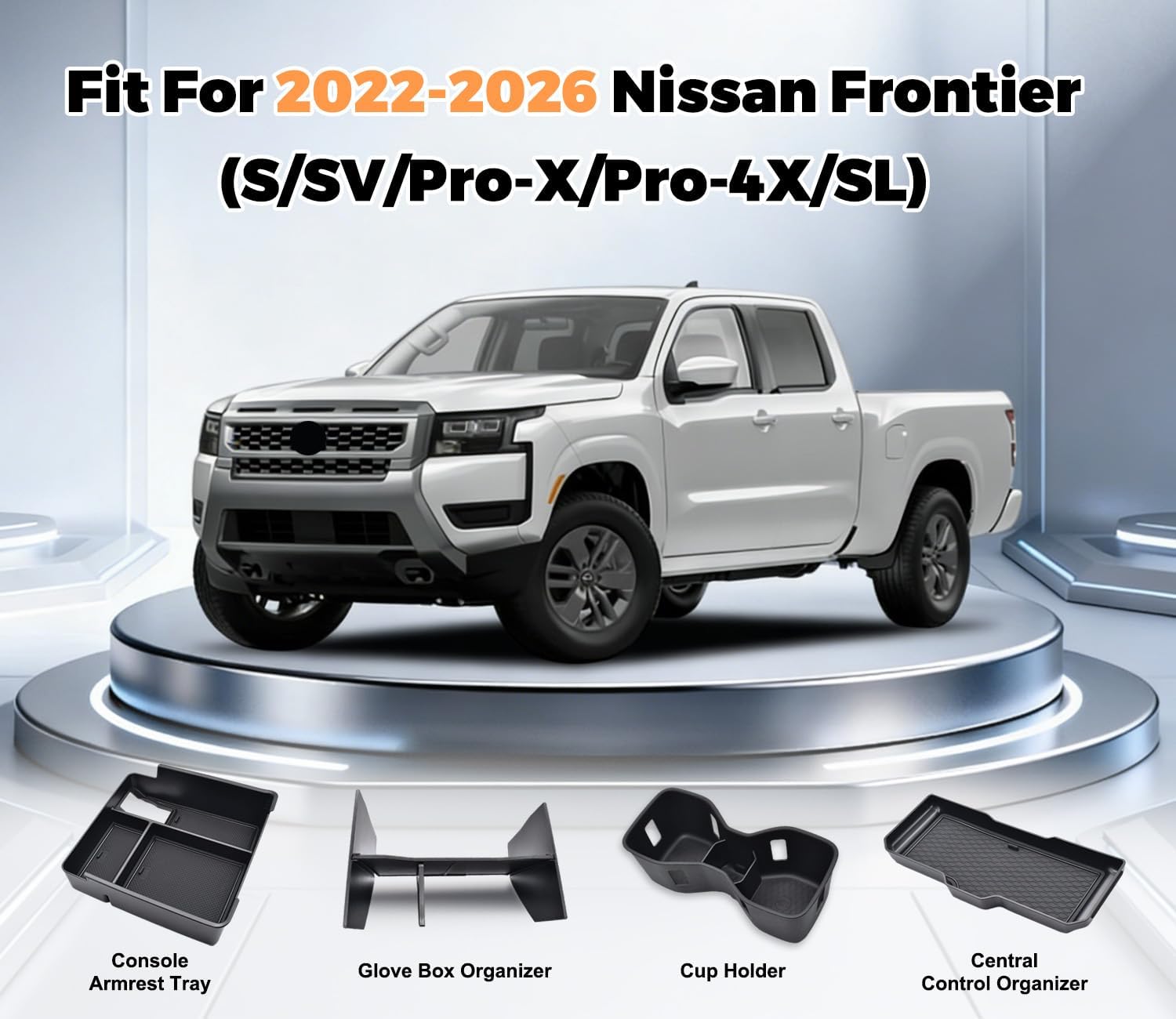 4PCS Center Console Organizer Tray for Nissan Frontier 2022-2026 accessories (S/SV/Pro-X/Pro-4X/SL) Front Console Shelf Armrest Storage Box Glove Box Organizer and Cup Holder for Nissan Frontier 2022+