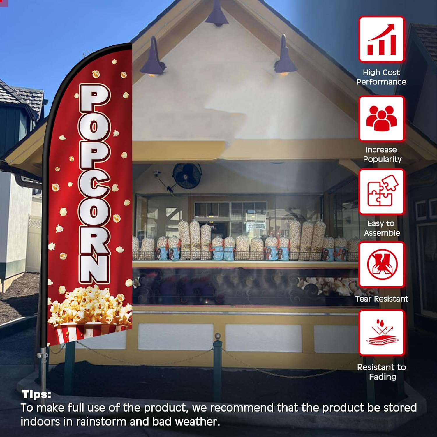 Popcorn Flag for Business, Popcorn 8FT Polyester Advertising Swooper Flag with Aluminium Alloy Flag Pole Kit, Stainless Steel, Ground Spike, Portable Bag