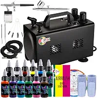 OPHIR Kit de escova de ar com compressor de ar, kit de aerógrafo de 1/6 HP, compressor de aerógrafo de saída dupla com tanque de ar de 1L, 2x aerógrafo, tinta de aerógrafo de 12 cores, 5x escovas de