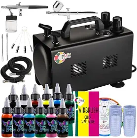 OPHIR Kit de escova de ar com compressor de ar, kit de aerógrafo de 1/6 HP, compressor de aerógrafo de saída dupla com tanque de ar de 1L, 2x aerógrafo, tinta de aerógrafo de 12 cores, 5x escovas de
