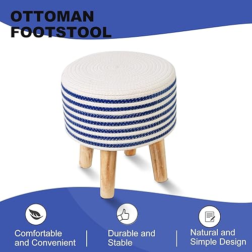 Miniatura 3 de YLCHHOMY Taburete pequeño otomano redondo con cuerda de algodón natural, reposapiés tejido a mano con patas de madera acolchadas de 1.6 pulgadas de
