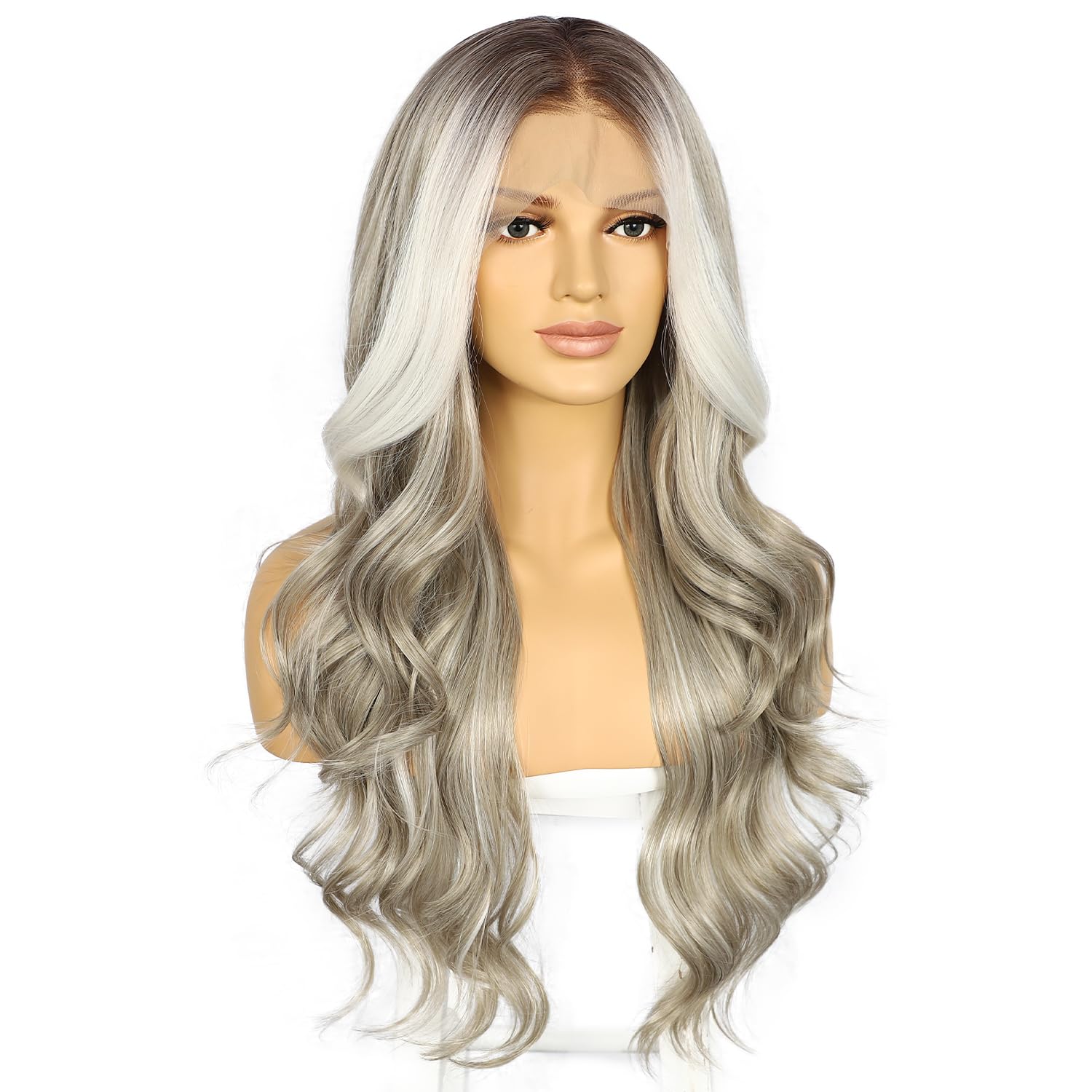 Sapphirewigs Grigio 13x4 parrucca anteriore in pizzo sintetico onda del corpo Parrucca Partito Data Indossare quotidianamente Parrucca dall'aspetto naturale 26 pollici
