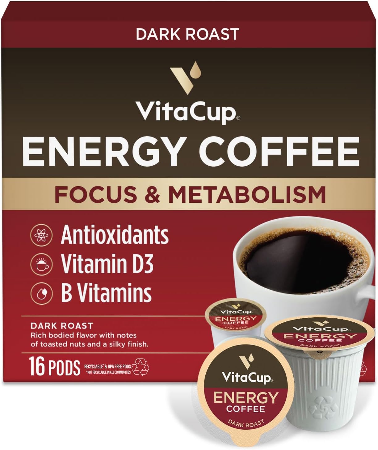Energy Dark Roast Coffee Pods, Boost Focus & Metabolism, Antioxidants, B Vitamins, Bold & Smooth,100% Arabica Coffee, Single Serve Pod Compatible with Keurig K-Cup Brewers,16 Ct