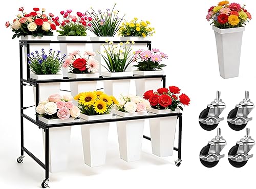 Soporte de exhibición de flores de 3 niveles, soporte móvil de metal para plantas con 12 cubos, carrito de flores con ruedas, adecuado para