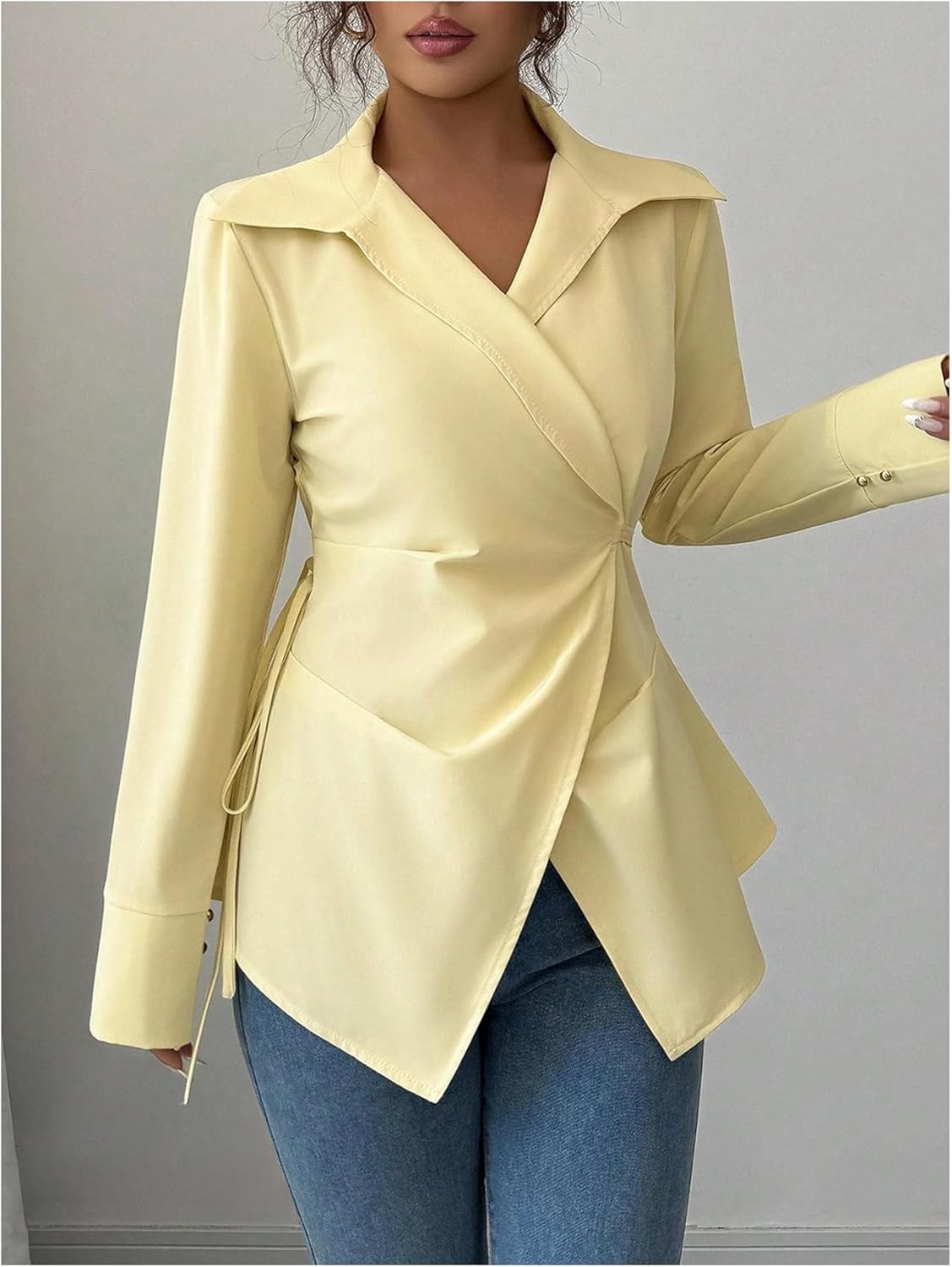 GORGLITTER Women's Wrap Formal Blouses Dressy Long Sleeve Collared Work Shirts Business Casual Outfits Yellow Medium - Image 3