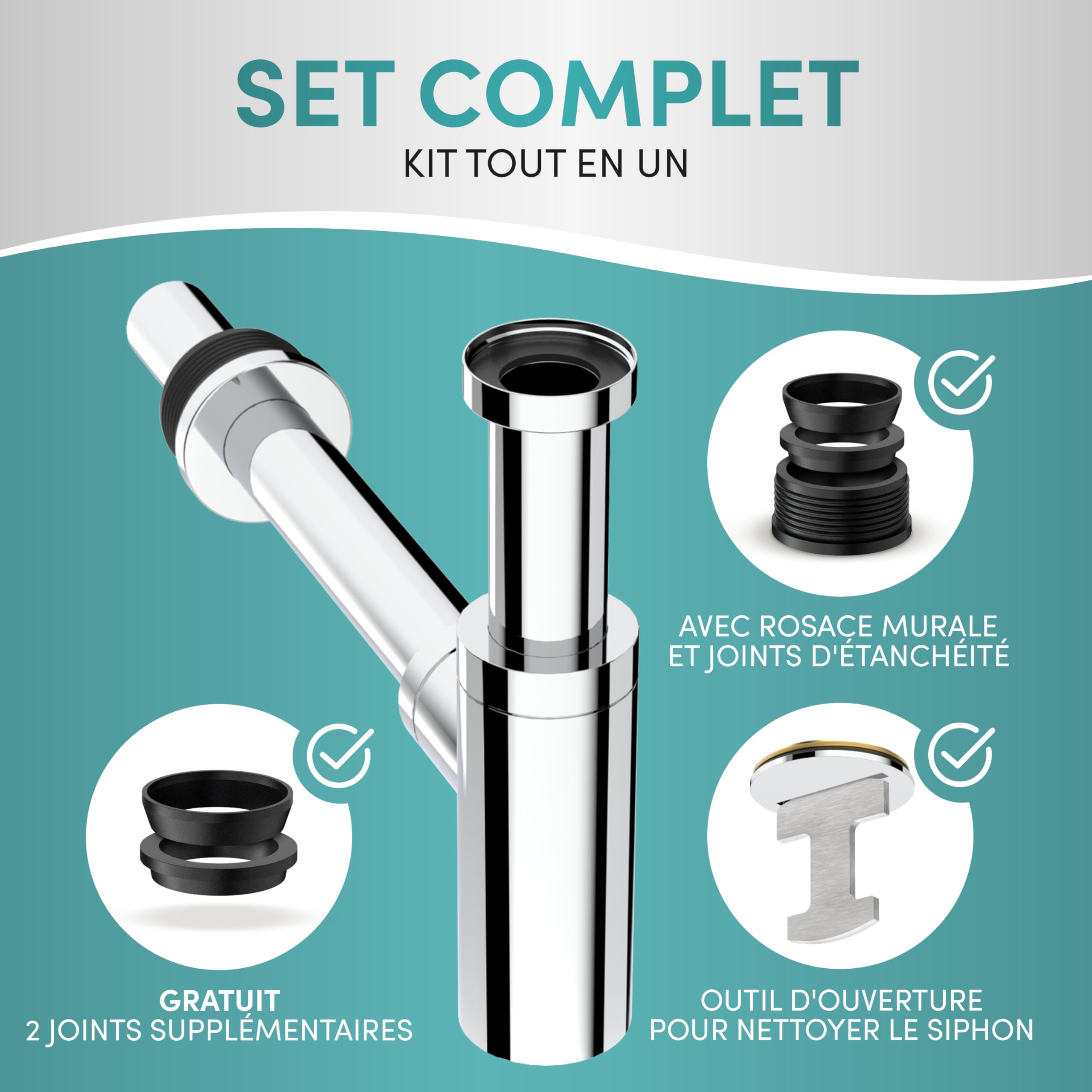 Engelbach® Siphon design lavabo salle de bain - 1 1/4 x 32 mm réglable avec ouverture de nettoyage - modèle universel avec manchette en caoutchouc anti-odeur