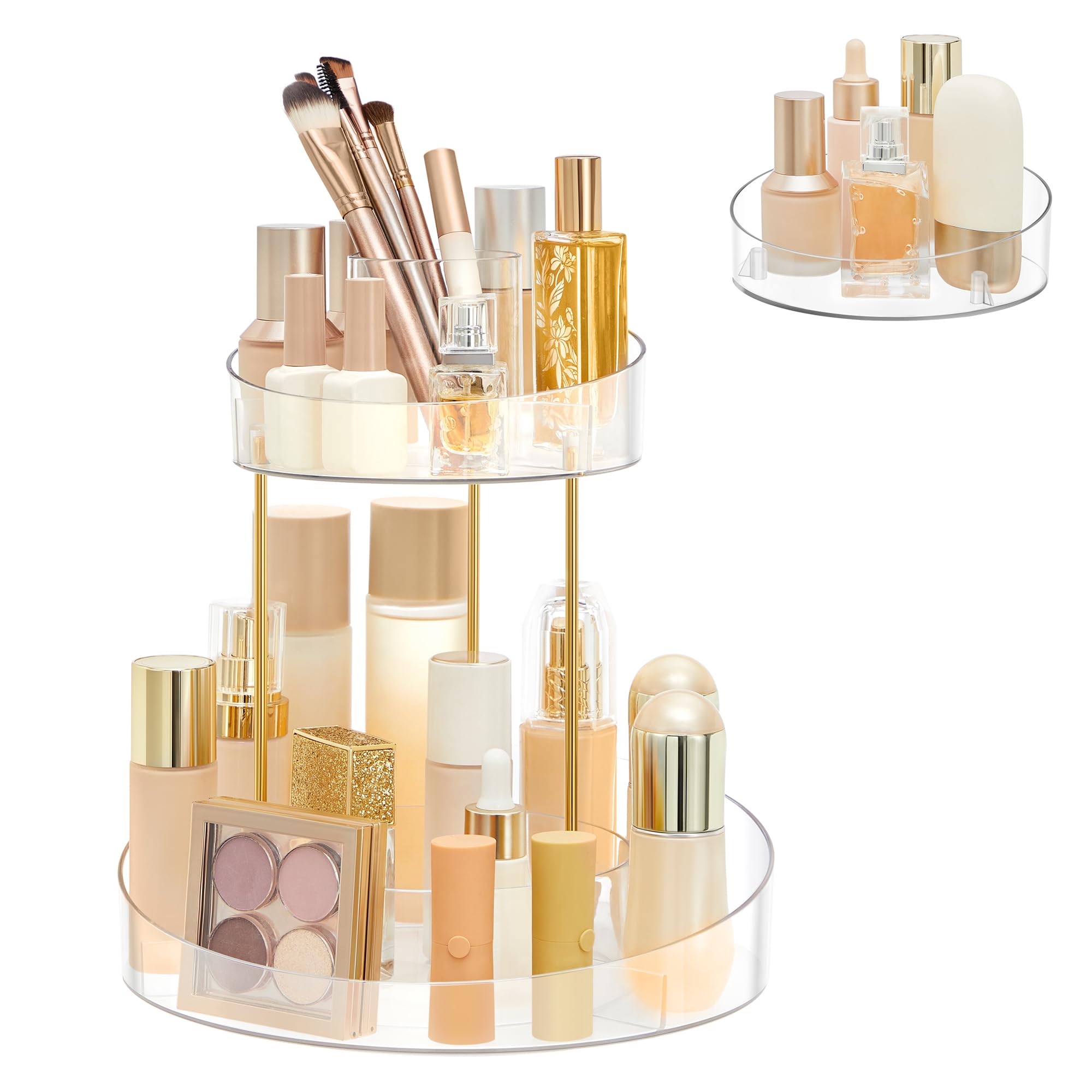 SONGMICS Makeup Organizer, 2-Tier Round Rotating Skincare Organizer, Extra Top Tray Included, Customizable, Large Capacity, Toiletries Vanity Organizer, Transparent UJKA027W02