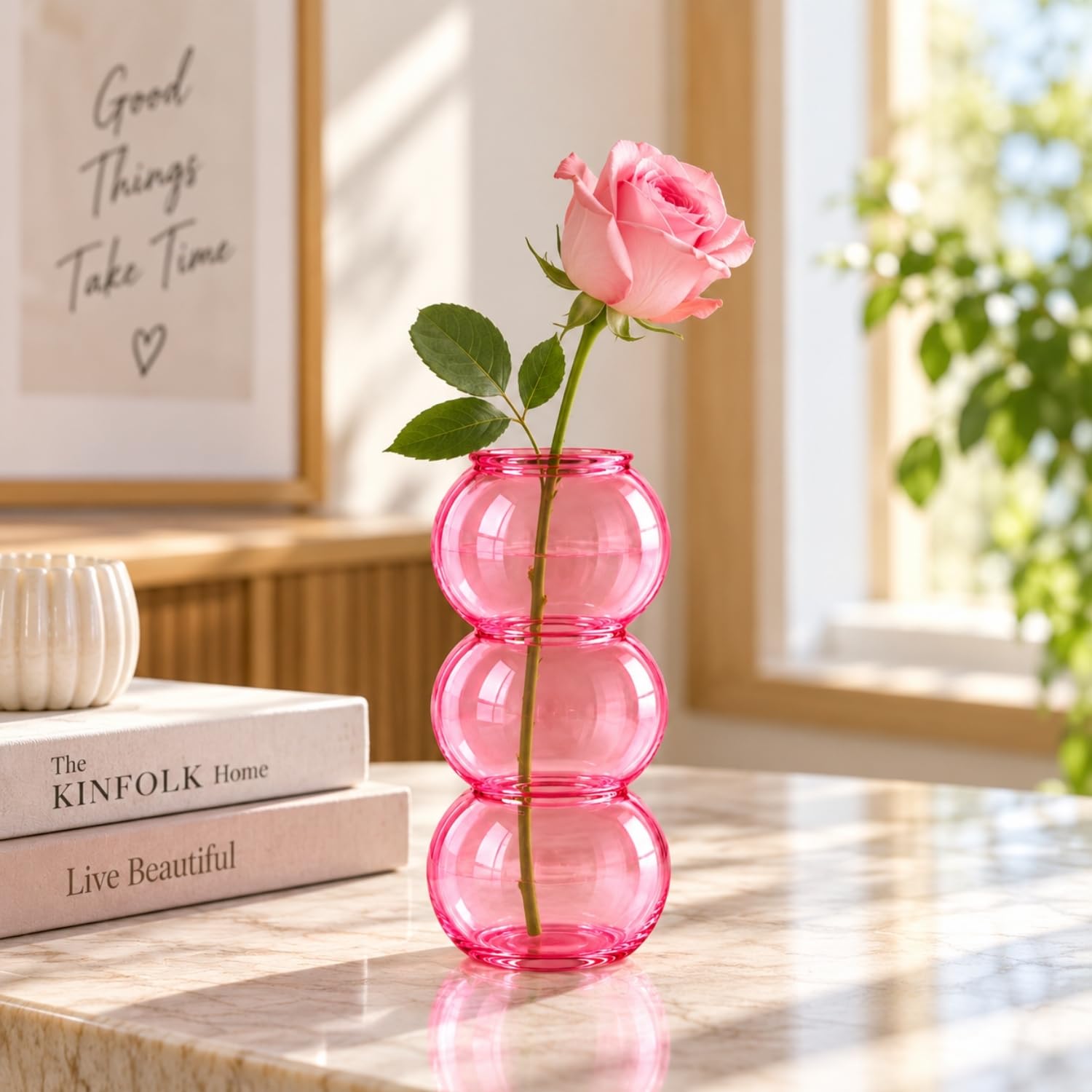 ecofynd 9 Inches Glass Vase for Flowers Plants, Modern Decorative Vase for Home Decor Center Table, Bedroom, Living Room, Office Decoration, Wedding or Gifts, Luster Glass Vase, (GVASE020-PNK-07)-picture-36