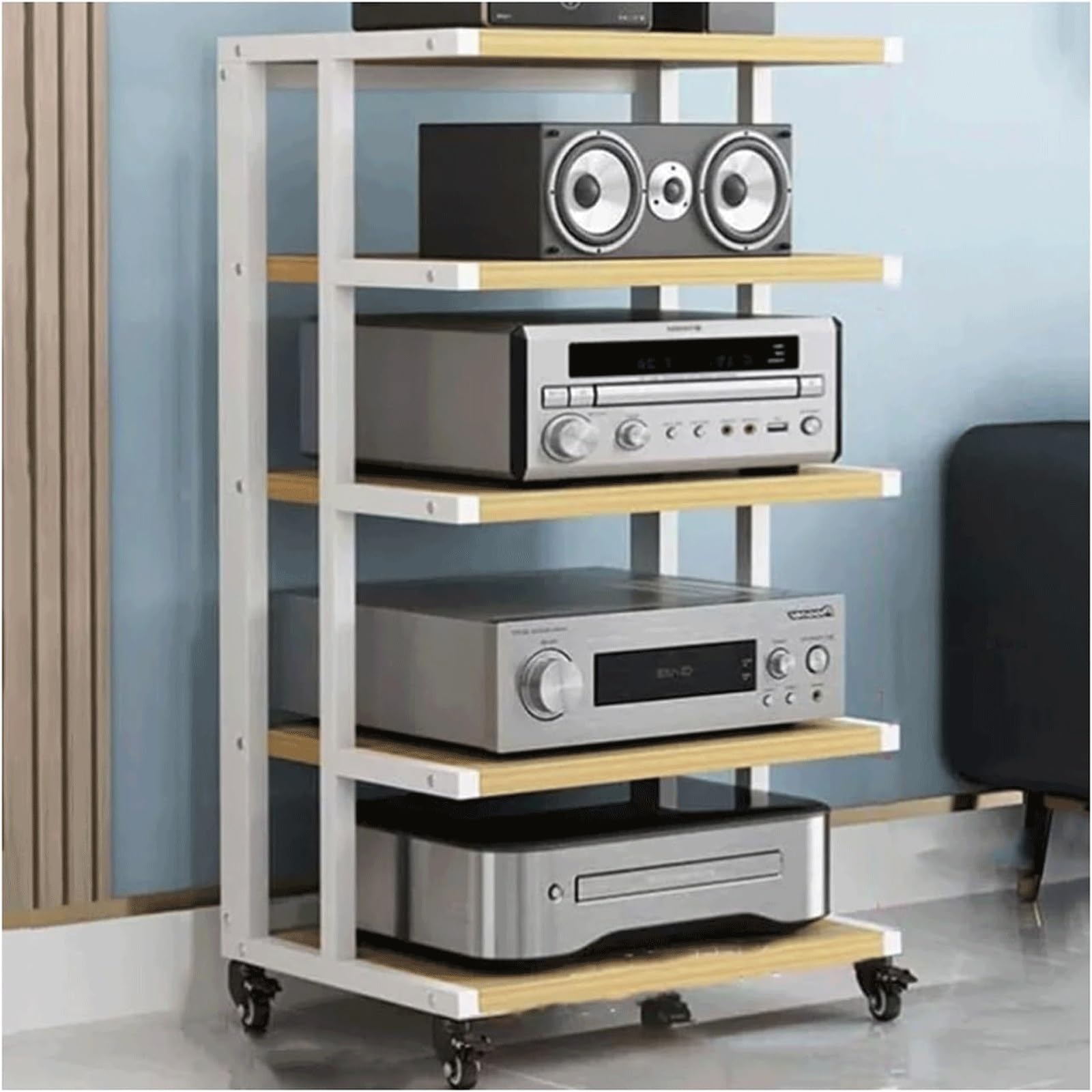 CWCQGH 5 Tier Wooden Audio Rack with Wheels Movable Stereo Cabinet for Equipment Open Audio Video Shelving Unit Strong and Stylish Home Entertainment Solution,Natural-5 Tier