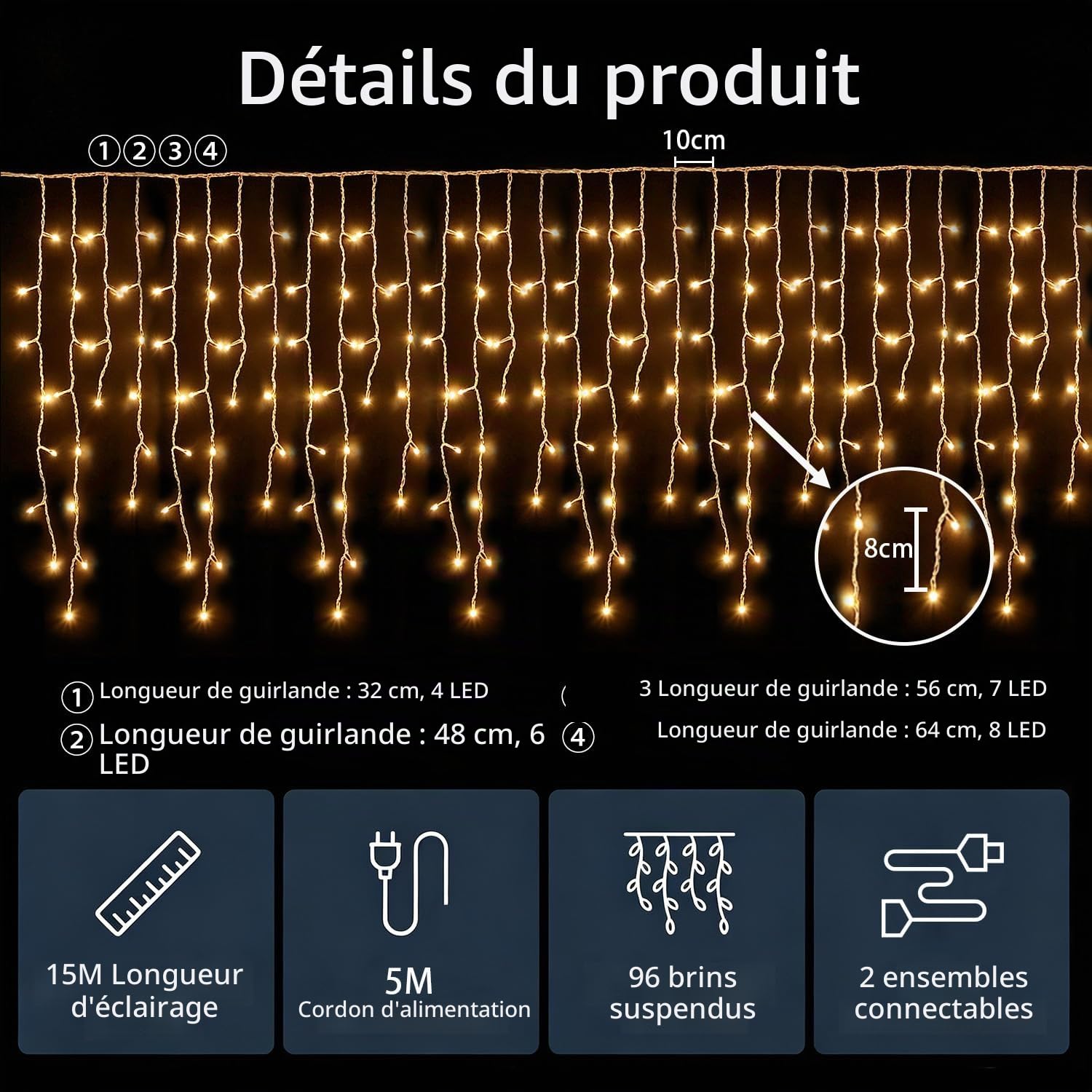 Guirlande lumineuse à LED Pluie de glace extérieur 15m | 600 Leds Blanc Chaud Guirlande lumineuse de Noël d'extérieur avec 8 modes, Timer, IP44 pour Noël, Avant-toits, jardins