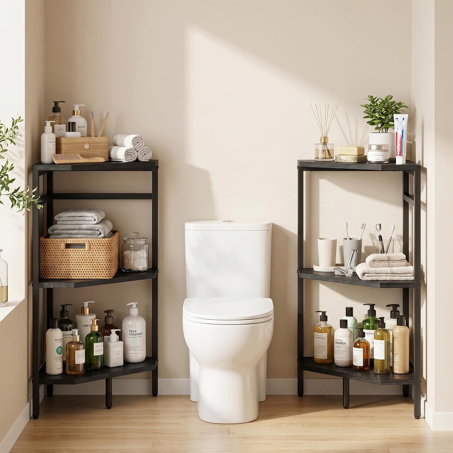 2 Pack Pedestal Sink Storage, Under Pedestal Sink Shelf, Black | 3-Tier Divided Layout; Large Storage Space; Sturdy Construction; Adjustable Foot Pads; Multi-Scene Application